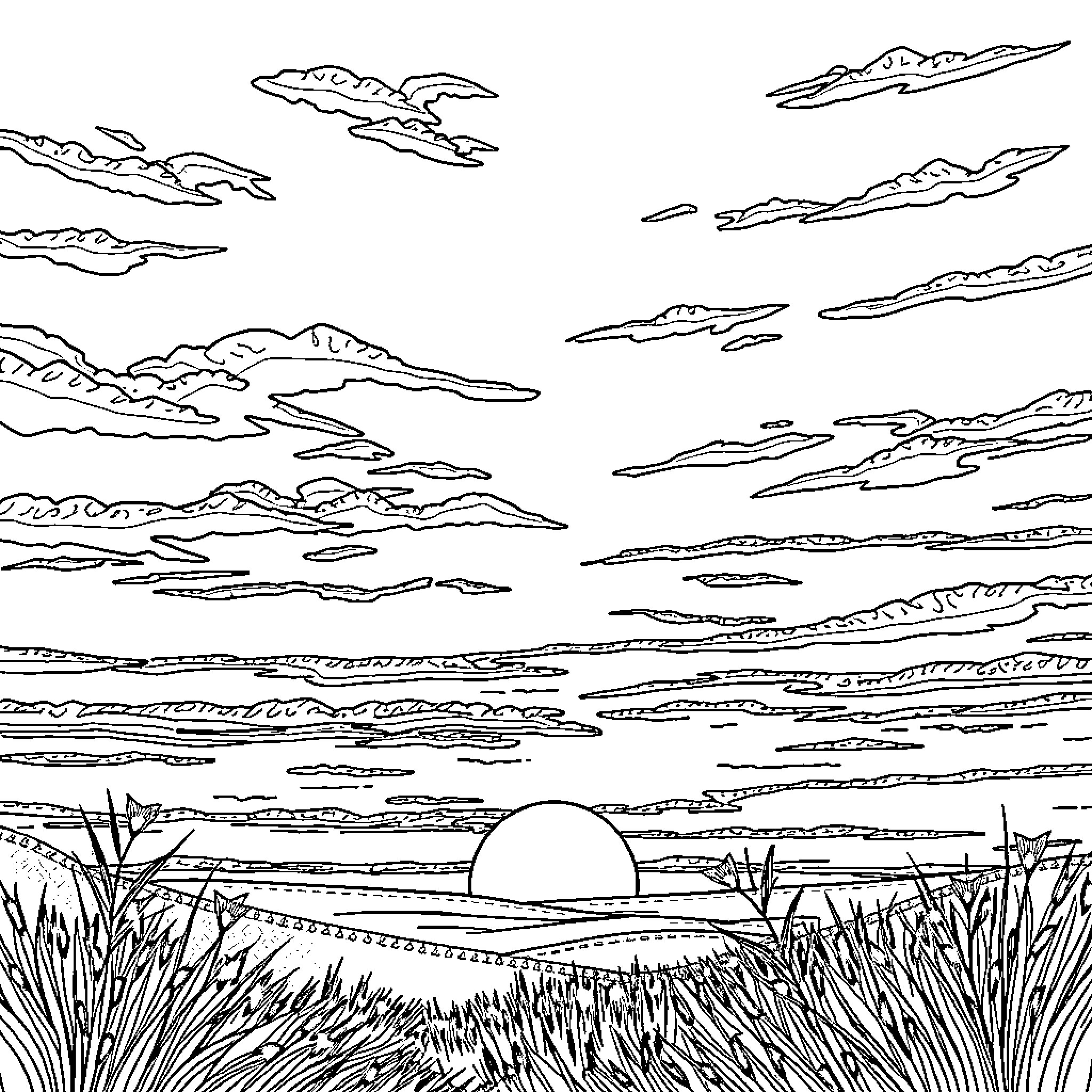 Twilight landscape with dramatic cloudy skies Coloring Page (free black-and-white line drawing printable PDF for all, from beginners to advanced learners, including children, teens, adults, and seniors)