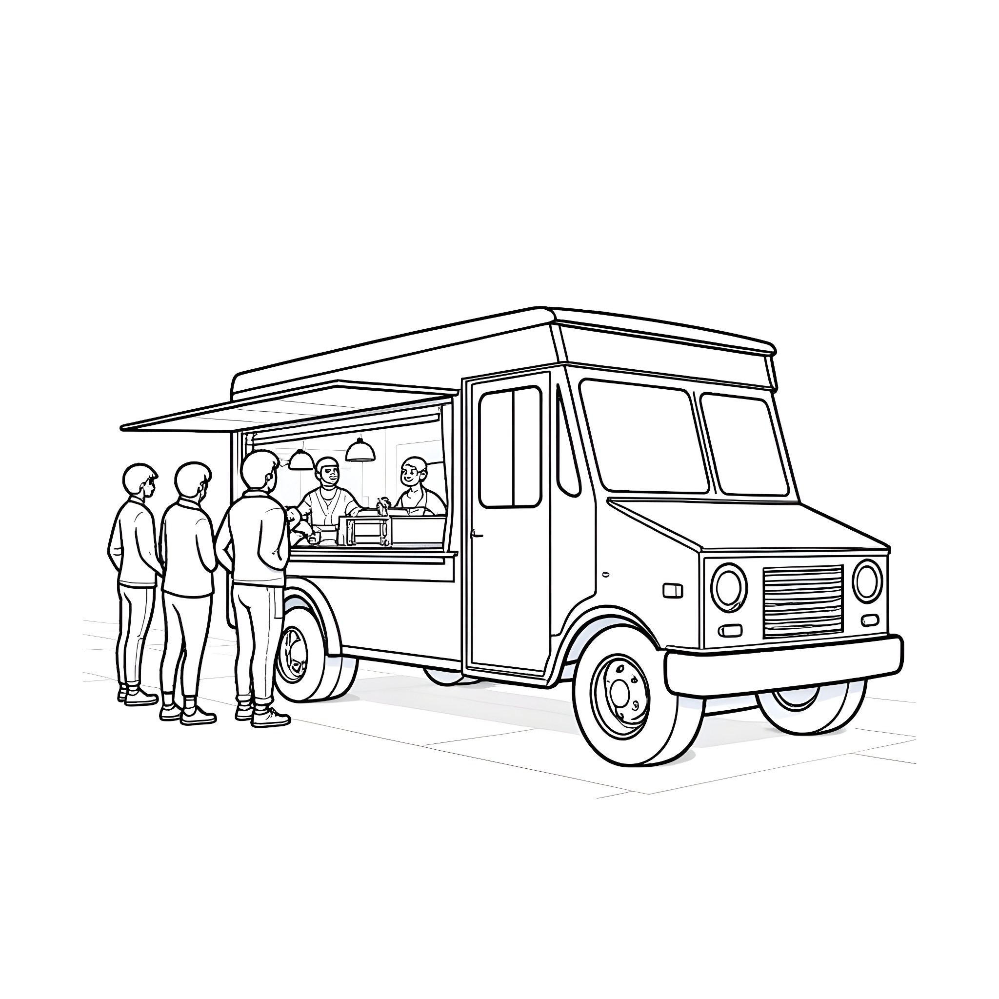 Food Truck serving customers with enthusiasm Coloring Page (free black-and-white line drawing printable PDF for all, from beginners to advanced learners, including children, teens, adults, and seniors)