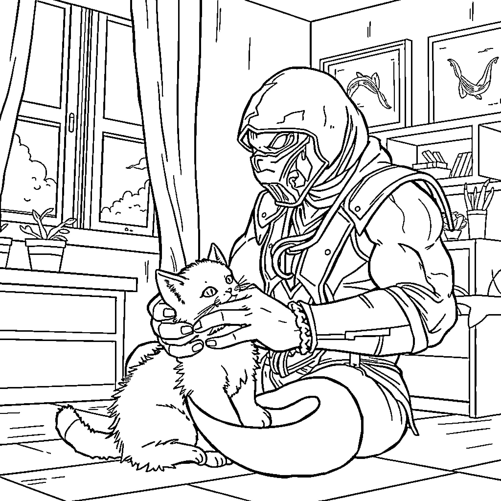 Scorpion Warrior Bonds with Feline Companion Coloring Page (free black-and-white line drawing printable PDF for all, from beginners to advanced learners, including children, teens, adults, and seniors)