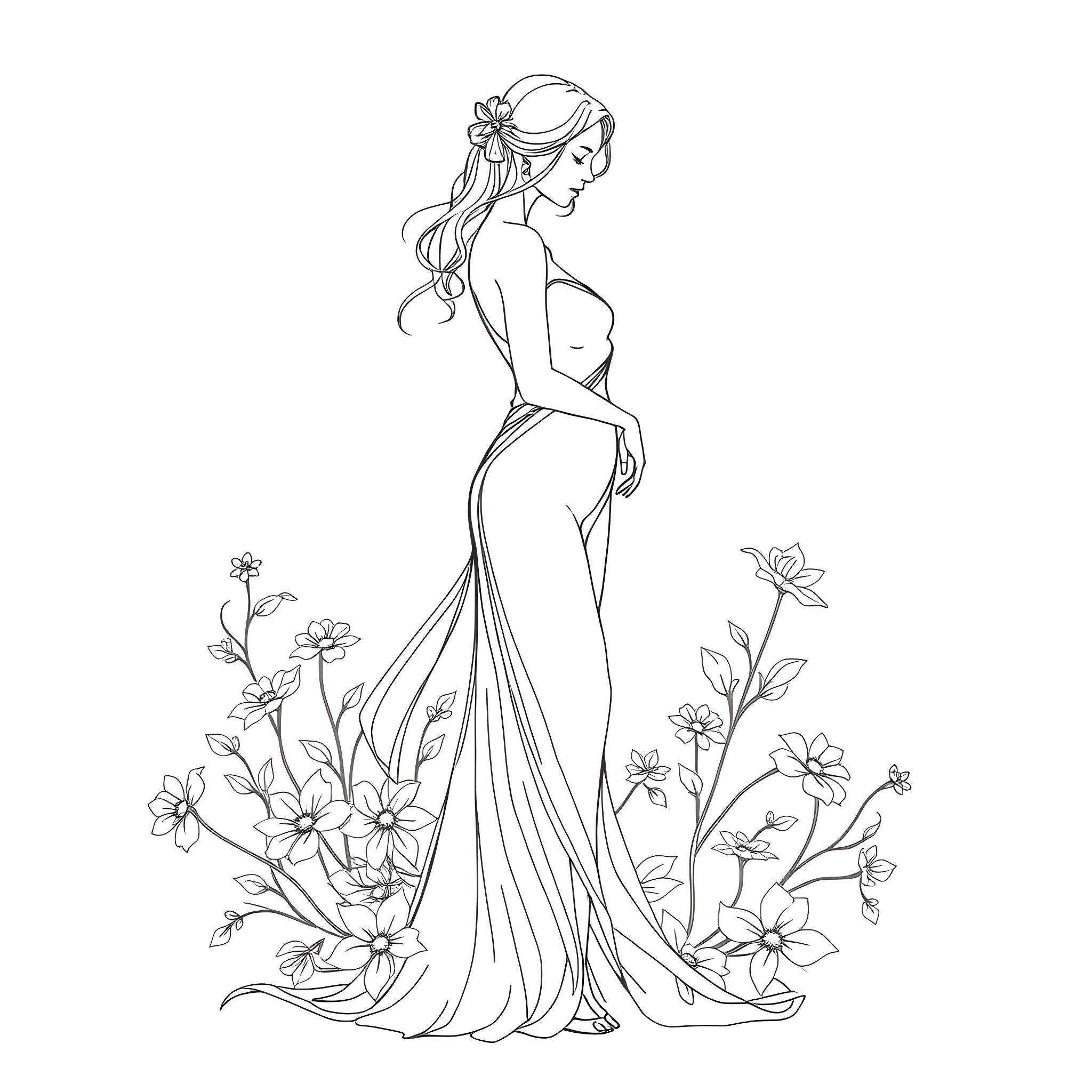 Woman in elegant dress surrounded by flowers Coloring Page (free black-and-white line drawing printable PDF for all, from beginners to advanced learners, including children, teens, adults, and seniors)
