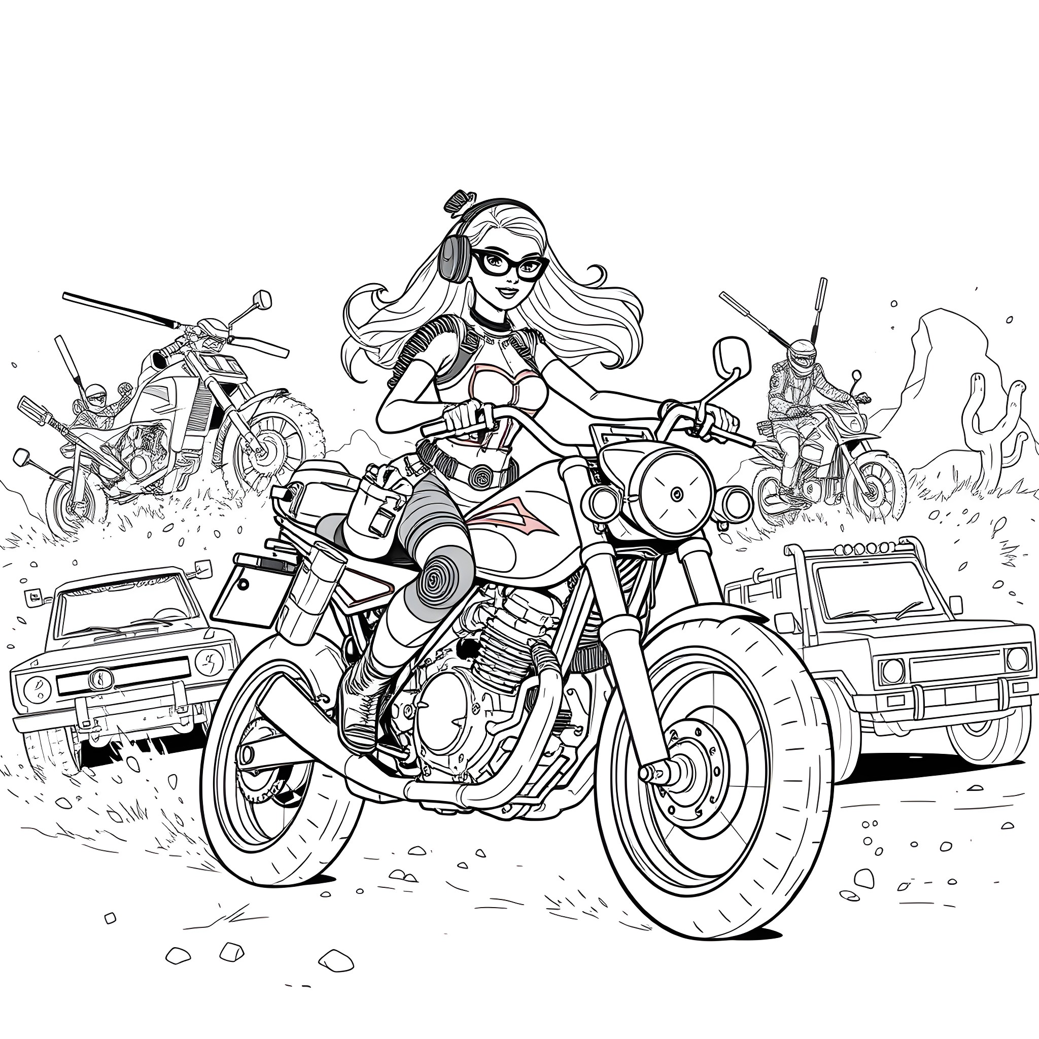 Barbie's Motorcycle Adventure in the Great Outdoors Coloring Page (free black-and-white line drawing printable PDF for all, from beginners to advanced learners, including children, teens, adults, and seniors)