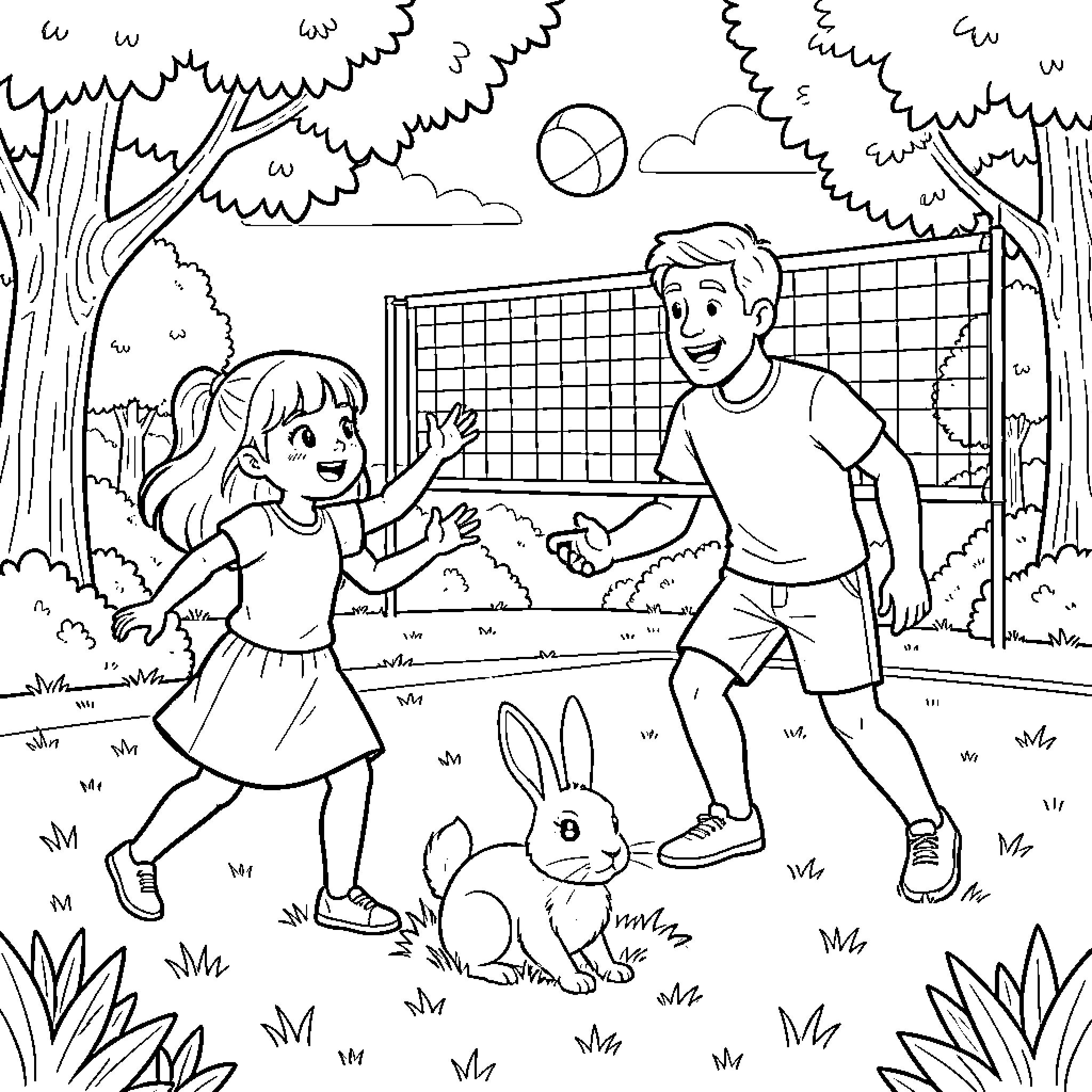 Conejo Playing with Children in the Outdoors Coloring Page (free black-and-white line drawing printable PDF for all, from beginners to advanced learners, including children, teens, adults, and seniors)