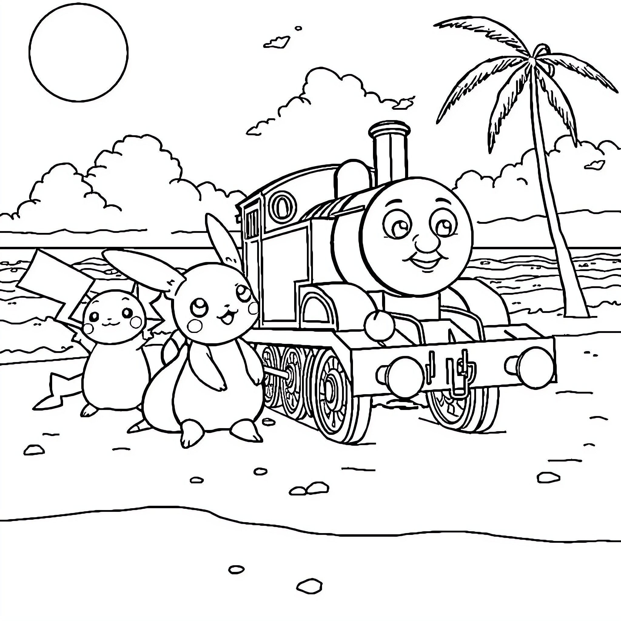 Pokémon characters in a tropical landscape Coloring Page (free black-and-white line drawing printable PDF for all, from beginners to advanced learners, including children, teens, adults, and seniors)
