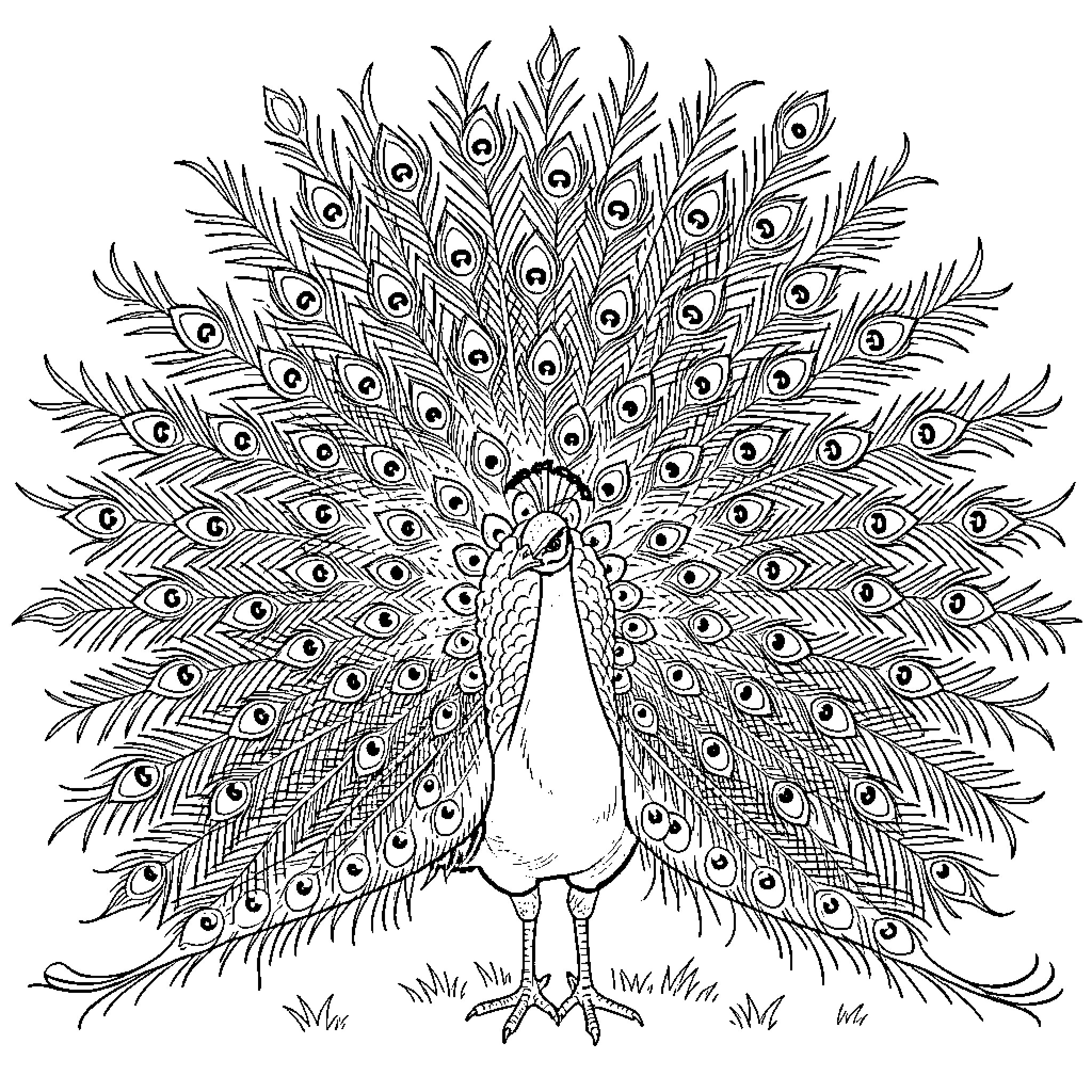 Peacock displaying its magnificent feathers Coloring Page (free black-and-white line drawing printable PDF for all, from beginners to advanced learners, including children, teens, adults, and seniors)