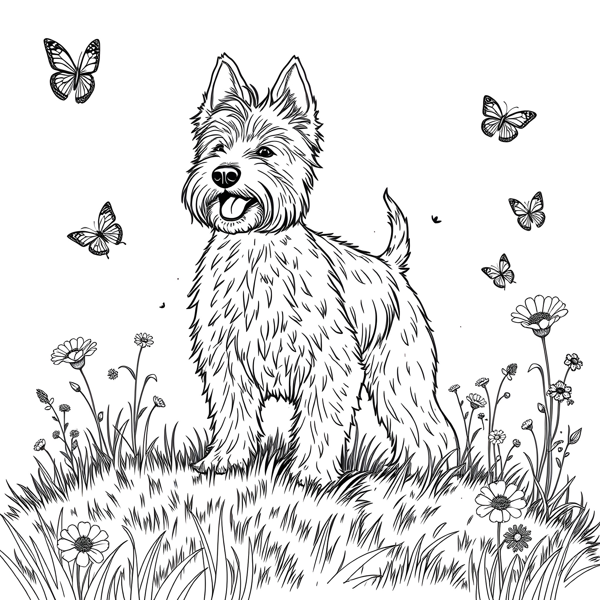 Glenn of Imaal Terrier playing joyfully in a flower field Coloring Page (free black-and-white line drawing printable PDF for all, from beginners to advanced learners, including children, teens, adults, and seniors)