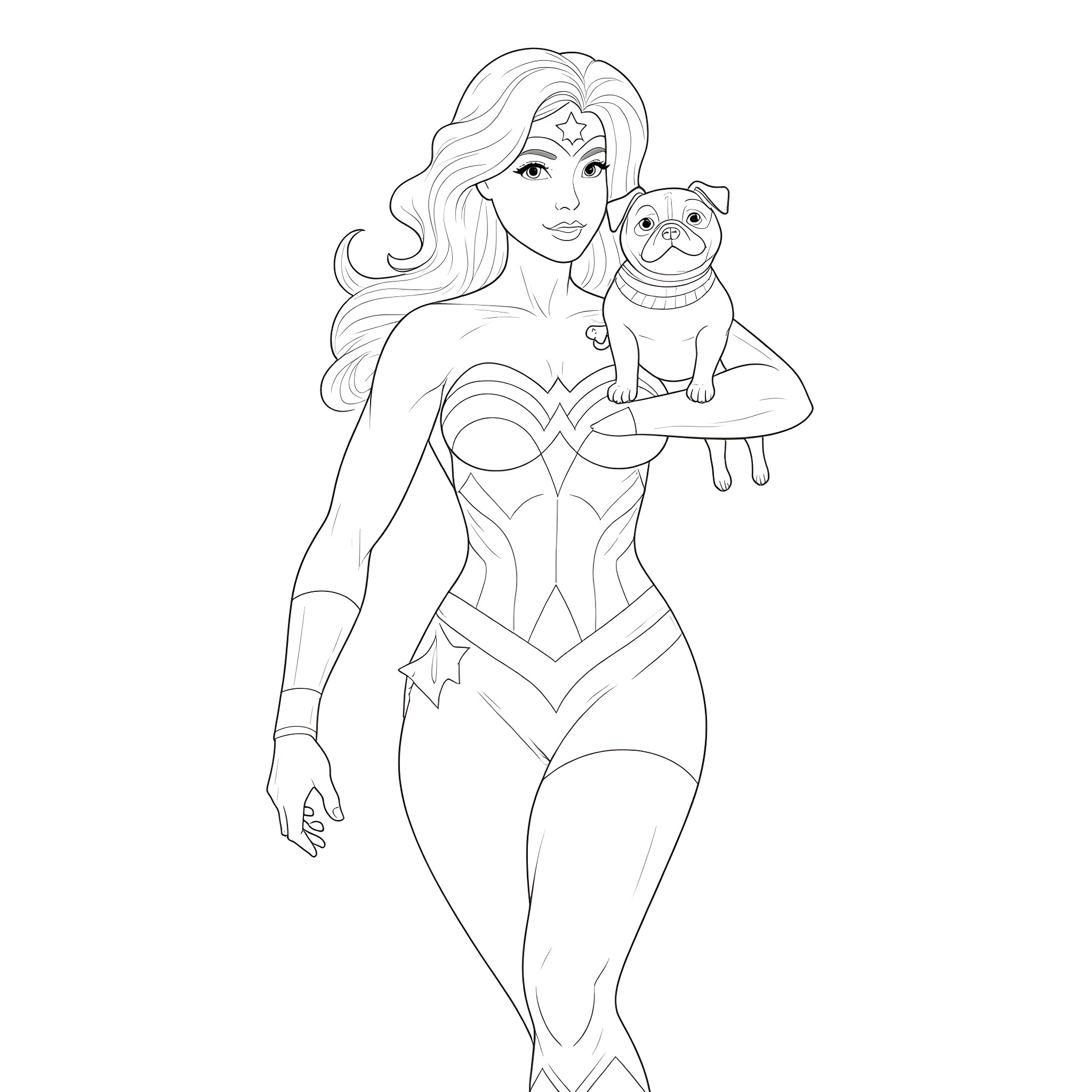Wonder Woman posing with her pet pug in heroic stance Coloring Page (free black-and-white line drawing printable PDF for all, from beginners to advanced learners, including children, teens, adults, and seniors)