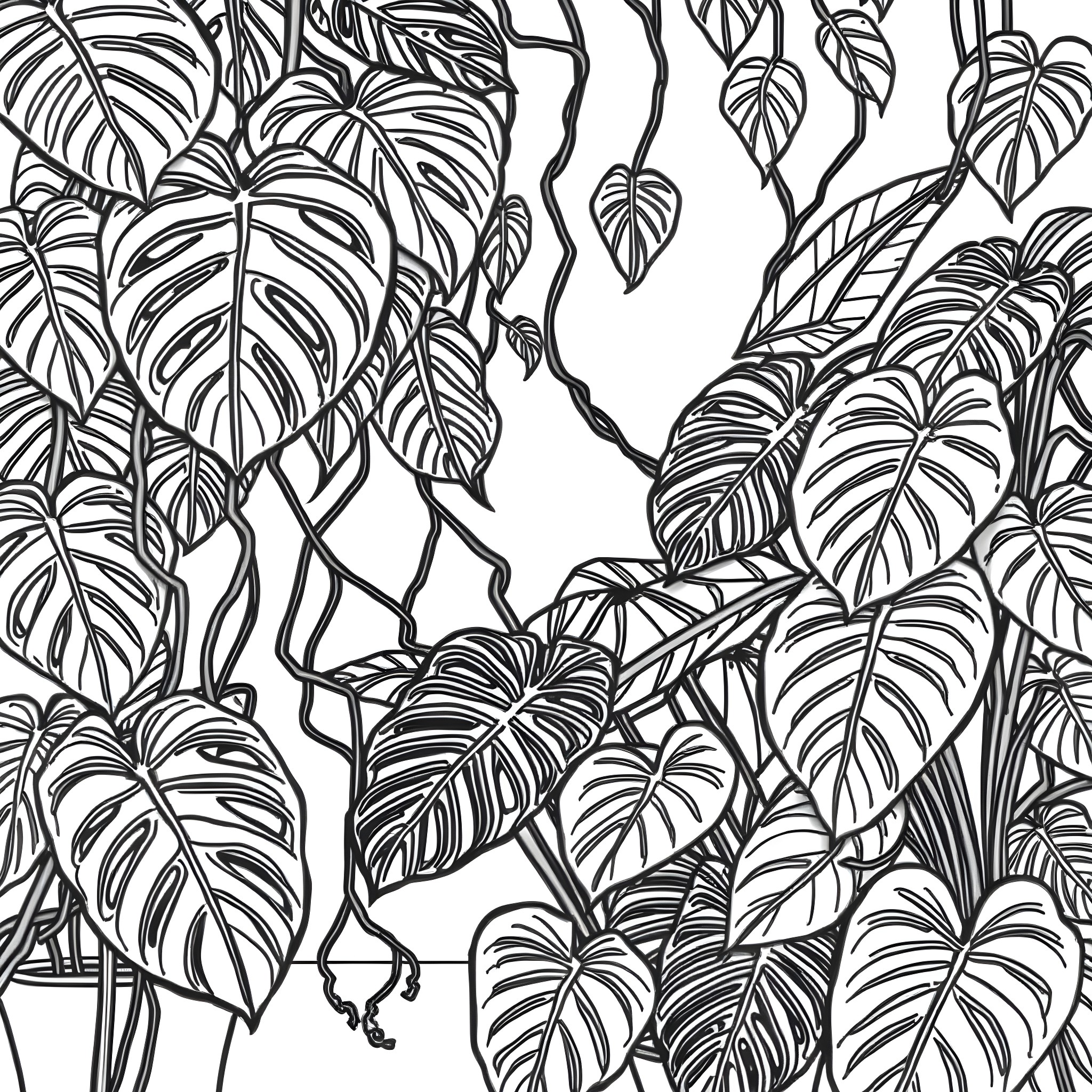 Monstera Leaves in Whimsical Foliage Coloring Page (free black-and-white line drawing printable PDF for all, from beginners to advanced learners, including children, teens, adults, and seniors)