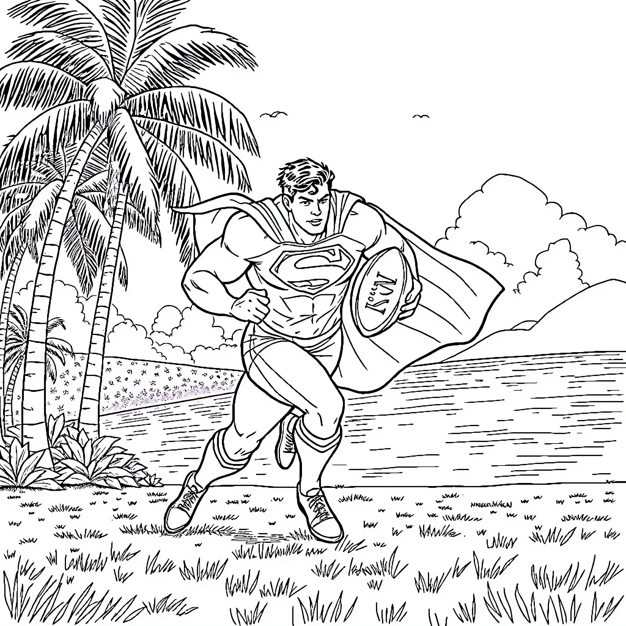 Superman soaring heroically on a tropical beach Coloring Page (free black-and-white line drawing printable PDF for all, from beginners to advanced learners, including children, teens, adults, and seniors)