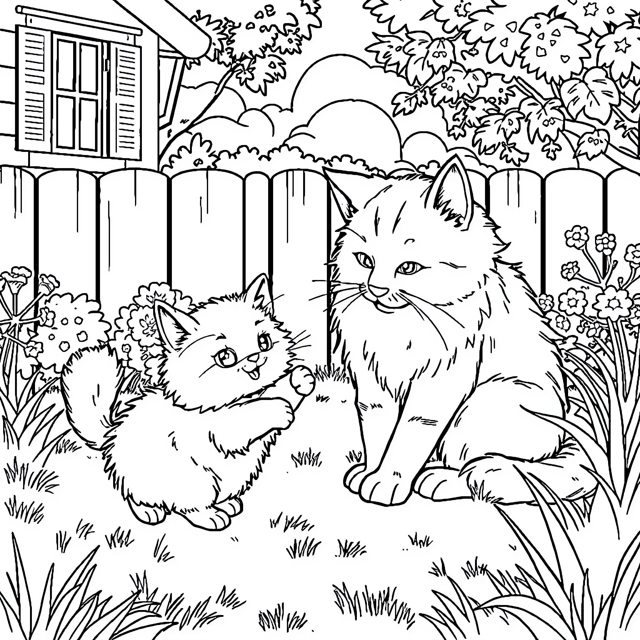 Cat Siblings Playing in the Garden Coloring Page (free black-and-white line drawing printable PDF for all, from beginners to advanced learners, including children, teens, adults, and seniors)