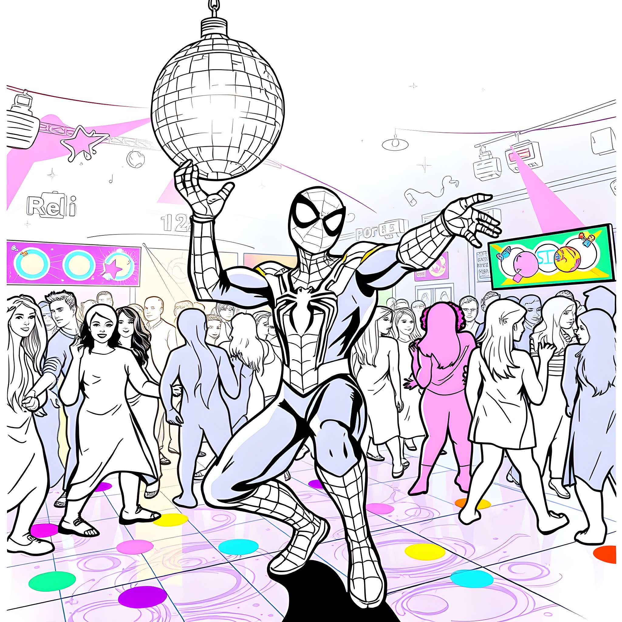 Spider-Man dancing in a lively nightclub scene Coloring Page (free black-and-white line drawing printable PDF for all, from beginners to advanced learners, including children, teens, adults, and seniors)