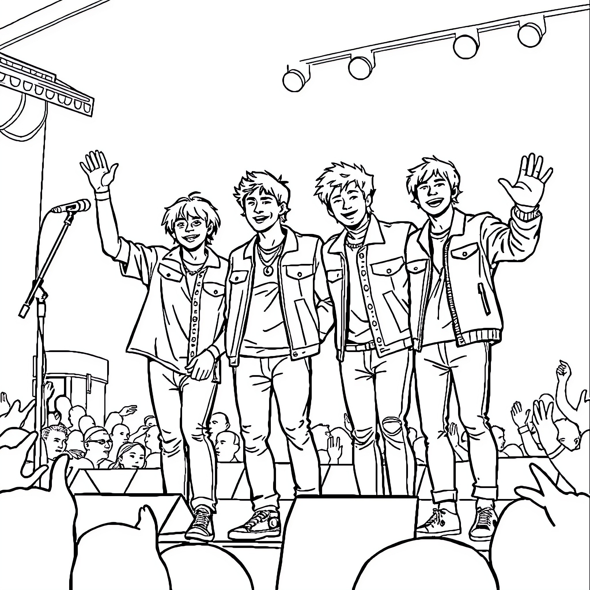 Stray Kids performing on stage with fans Coloring Page (free black-and-white line drawing printable PDF for all, from beginners to advanced learners, including children, teens, adults, and seniors)
