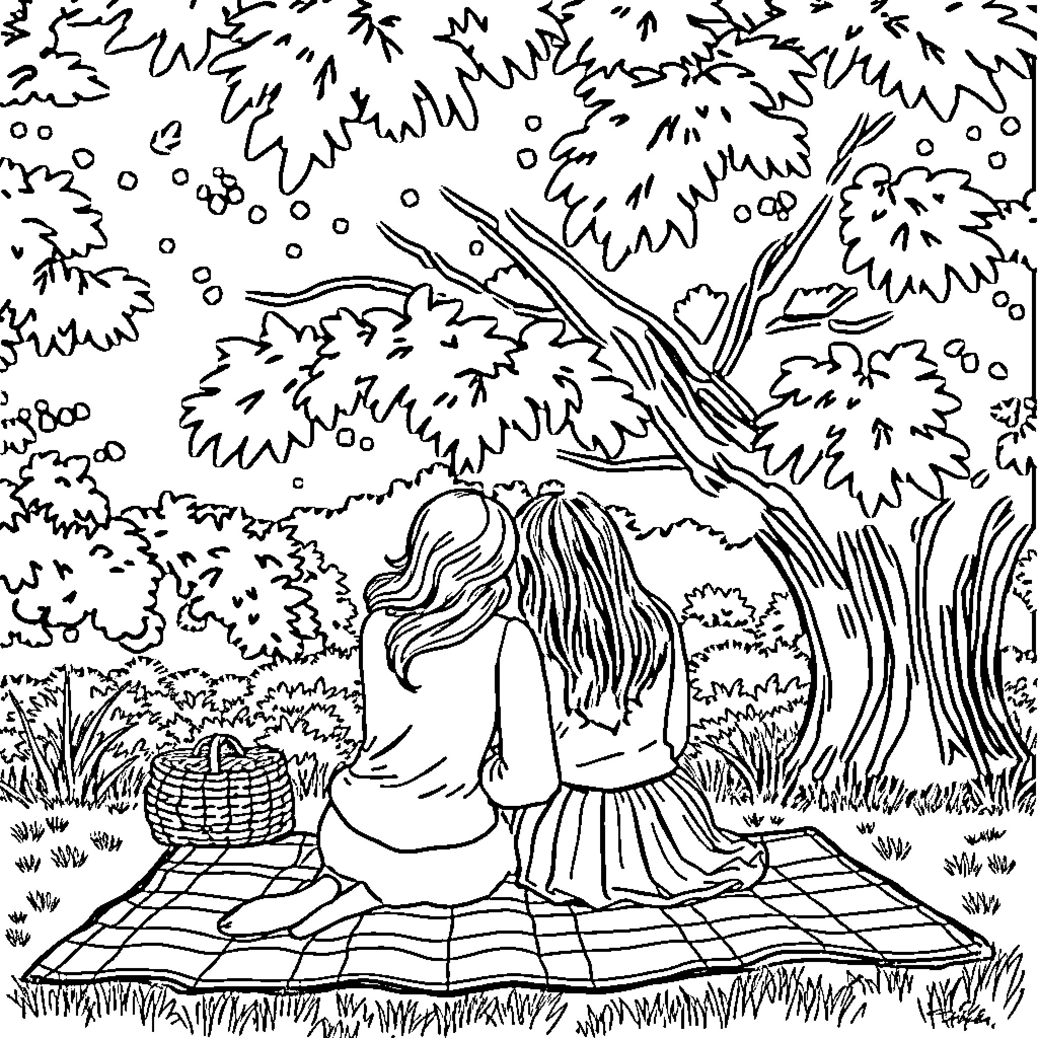 Woman enjoying picnic in serene nature Coloring Page (free black-and-white line drawing printable PDF for all, from beginners to advanced learners, including children, teens, adults, and seniors)