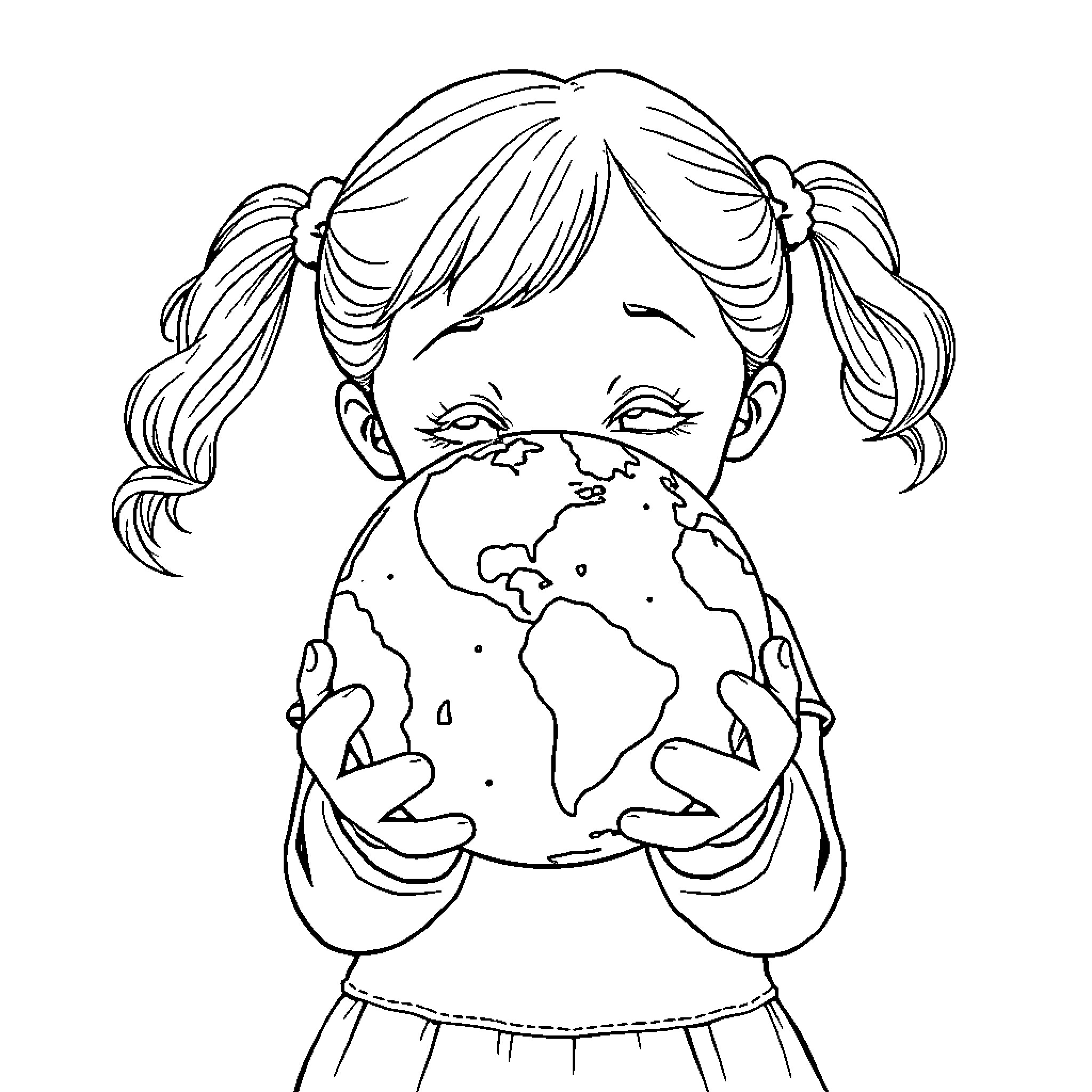 Girl Holding the World with Wonder Coloring Page (free black-and-white line drawing printable PDF for all, from beginners to advanced learners, including children, teens, adults, and seniors)