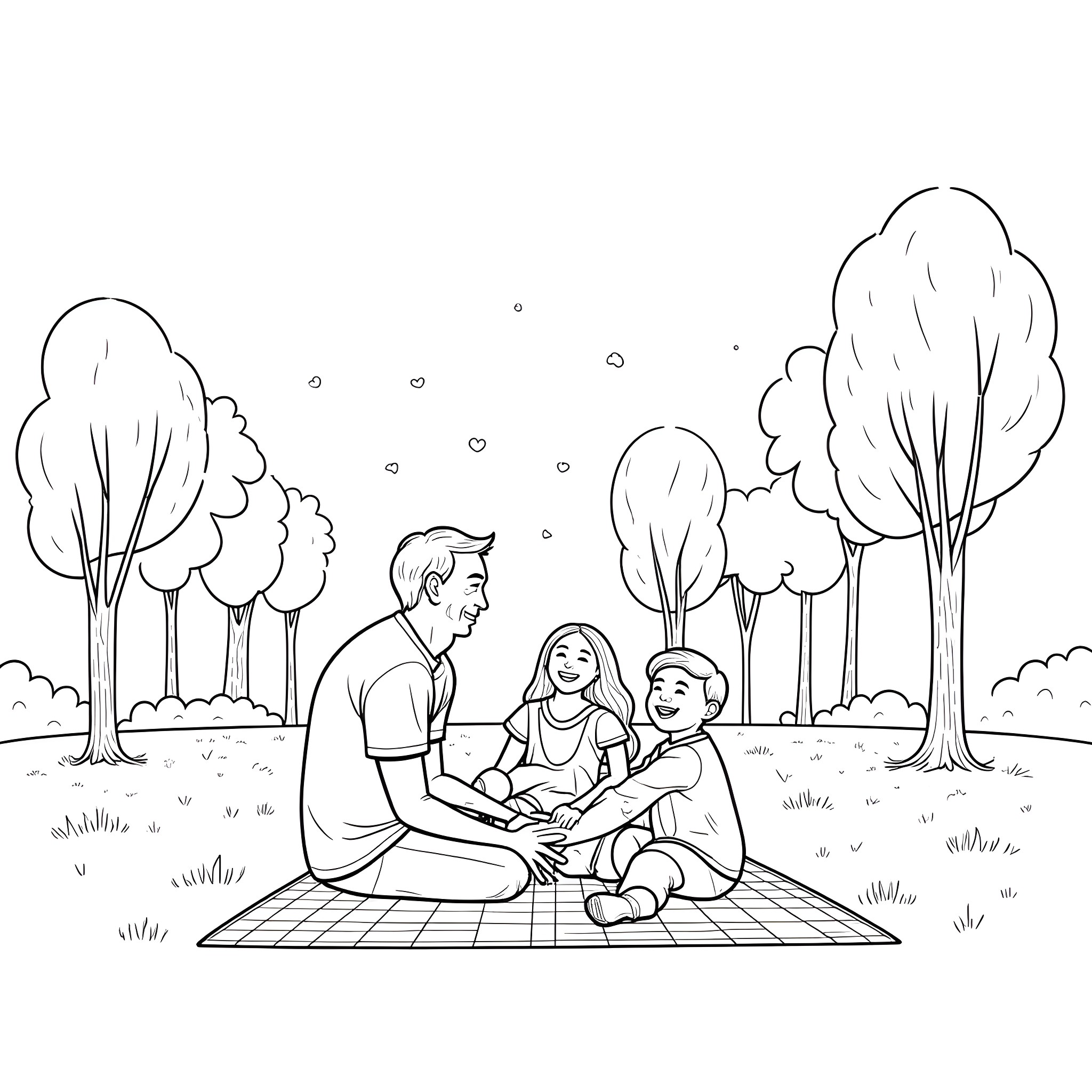 Family enjoying a picnic in the park Coloring Page (free black-and-white line drawing printable PDF for all, from beginners to advanced learners, including children, teens, adults, and seniors)