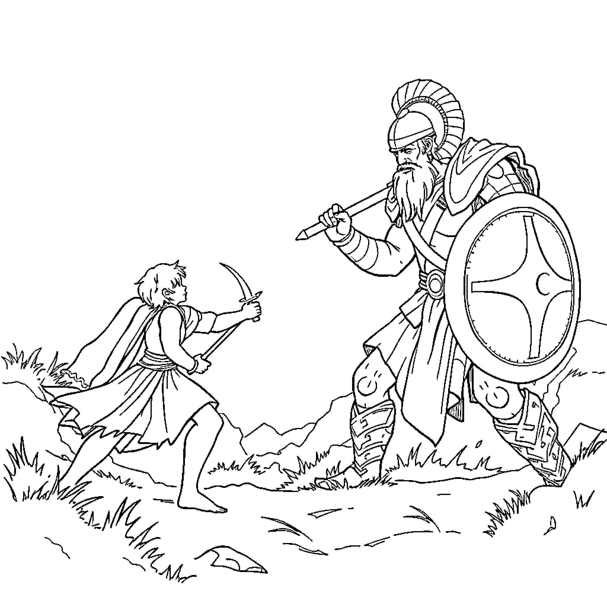 David Battles the Mighty Warrior in the Field Coloring Page (free black-and-white line drawing printable PDF for all, from beginners to advanced learners, including children, teens, adults, and seniors)