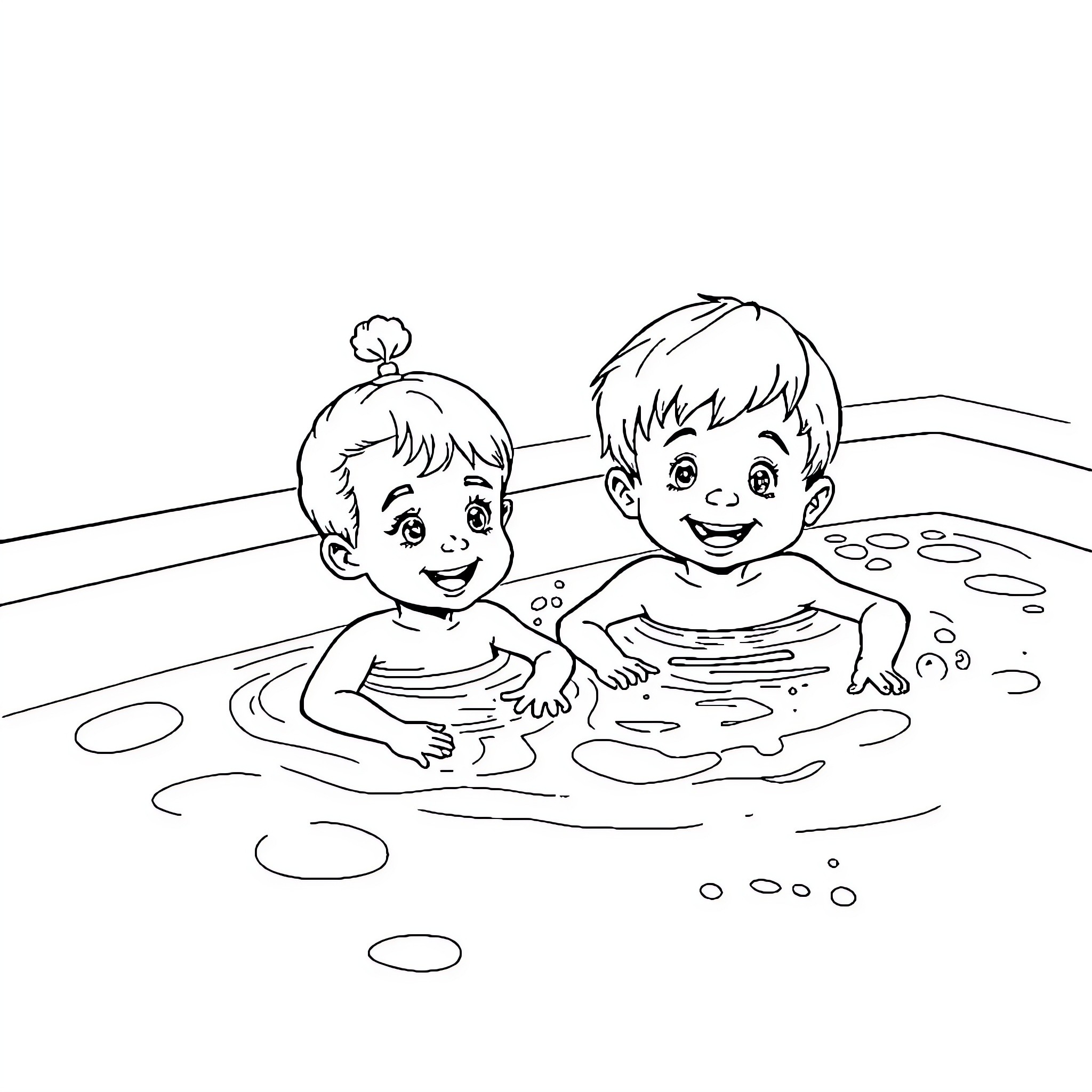 Child playing joyfully in the water Coloring Page (free black-and-white line drawing printable PDF for all, from beginners to advanced learners, including children, teens, adults, and seniors)