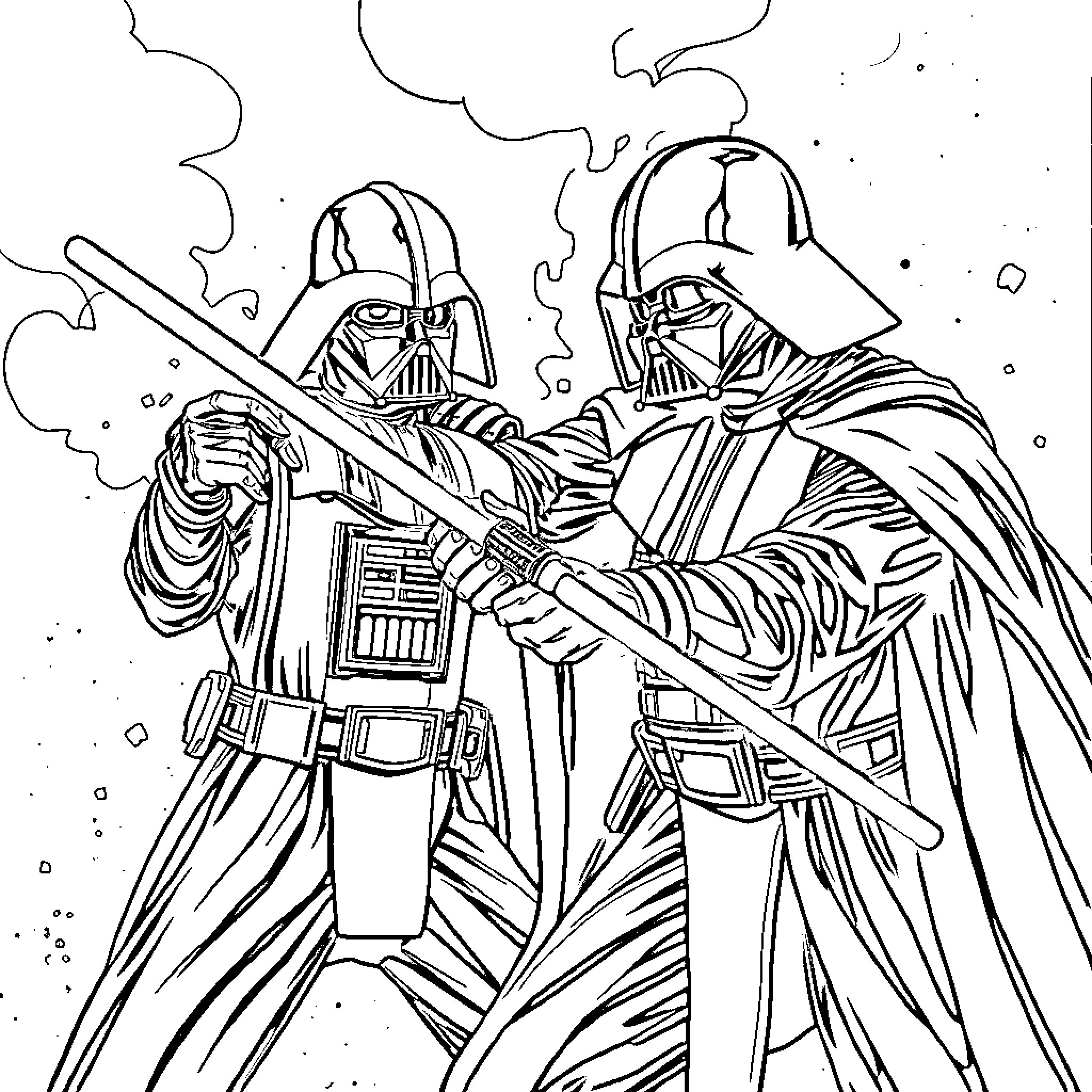 Darth Vader and the Imperial Commander in intense discussion Coloring Page (free black-and-white line drawing printable PDF for all, from beginners to advanced learners, including children, teens, adults, and seniors)