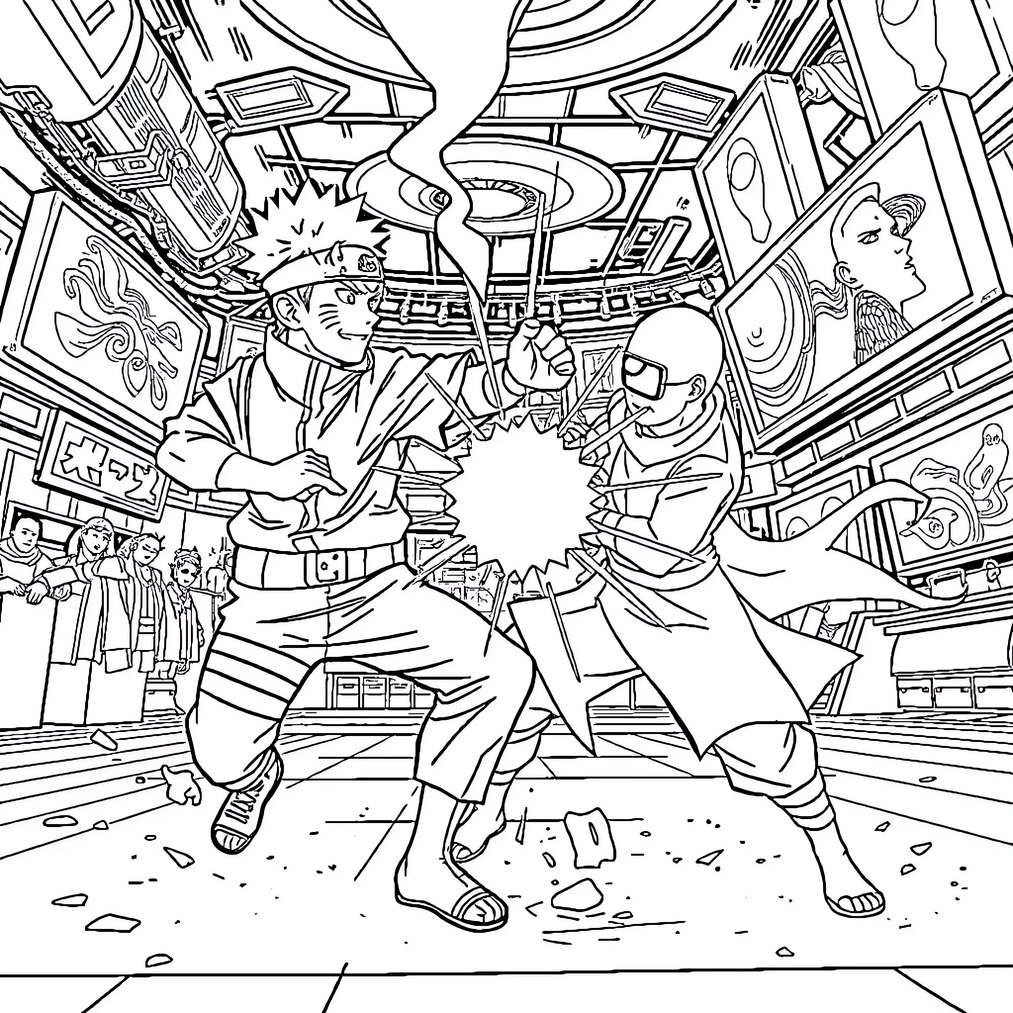 Naruto and Sasuke's epic ninja battle in the village Coloring Page (free black-and-white line drawing printable PDF for all, from beginners to advanced learners, including children, teens, adults, and seniors)