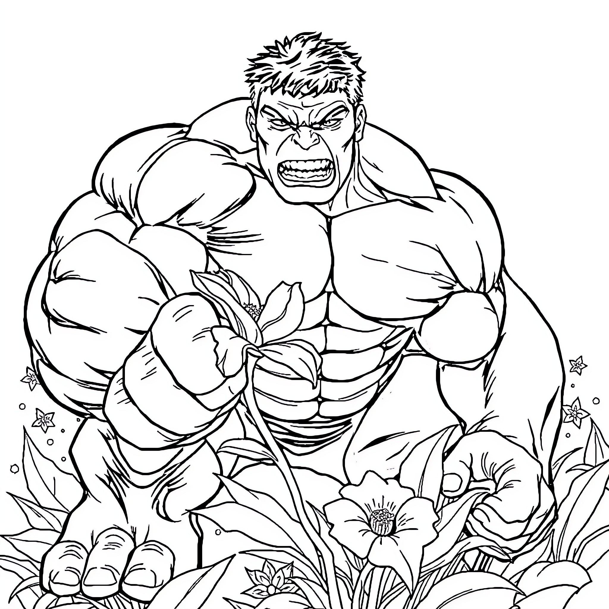 Hulk Unleashes Mighty Strength in Nature's Embrace Coloring Page (free black-and-white line drawing printable PDF for all, from beginners to advanced learners, including children, teens, adults, and seniors)