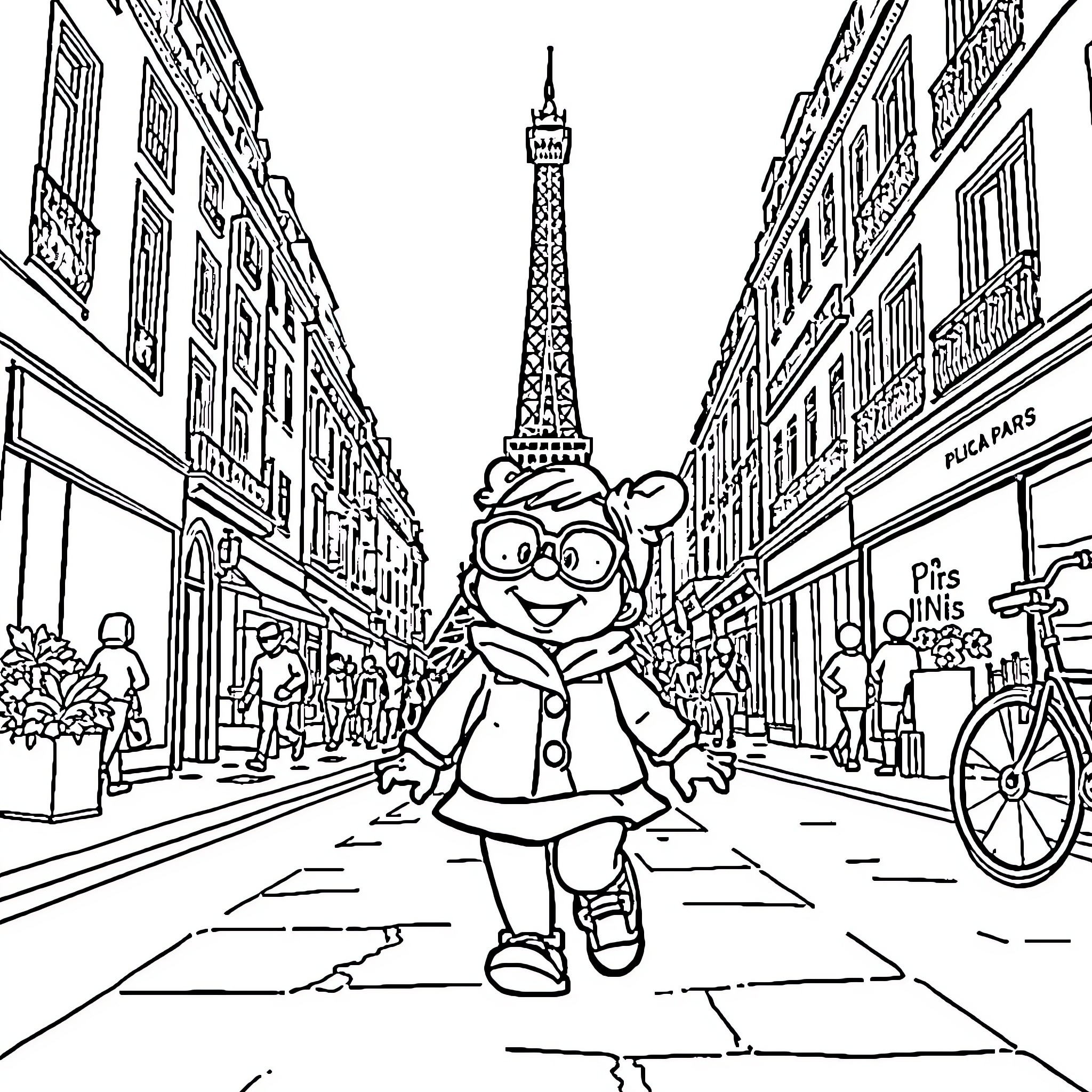 Minnie exploring the streets of Paris Coloring Page (free black-and-white line drawing printable PDF for all, from beginners to advanced learners, including children, teens, adults, and seniors)