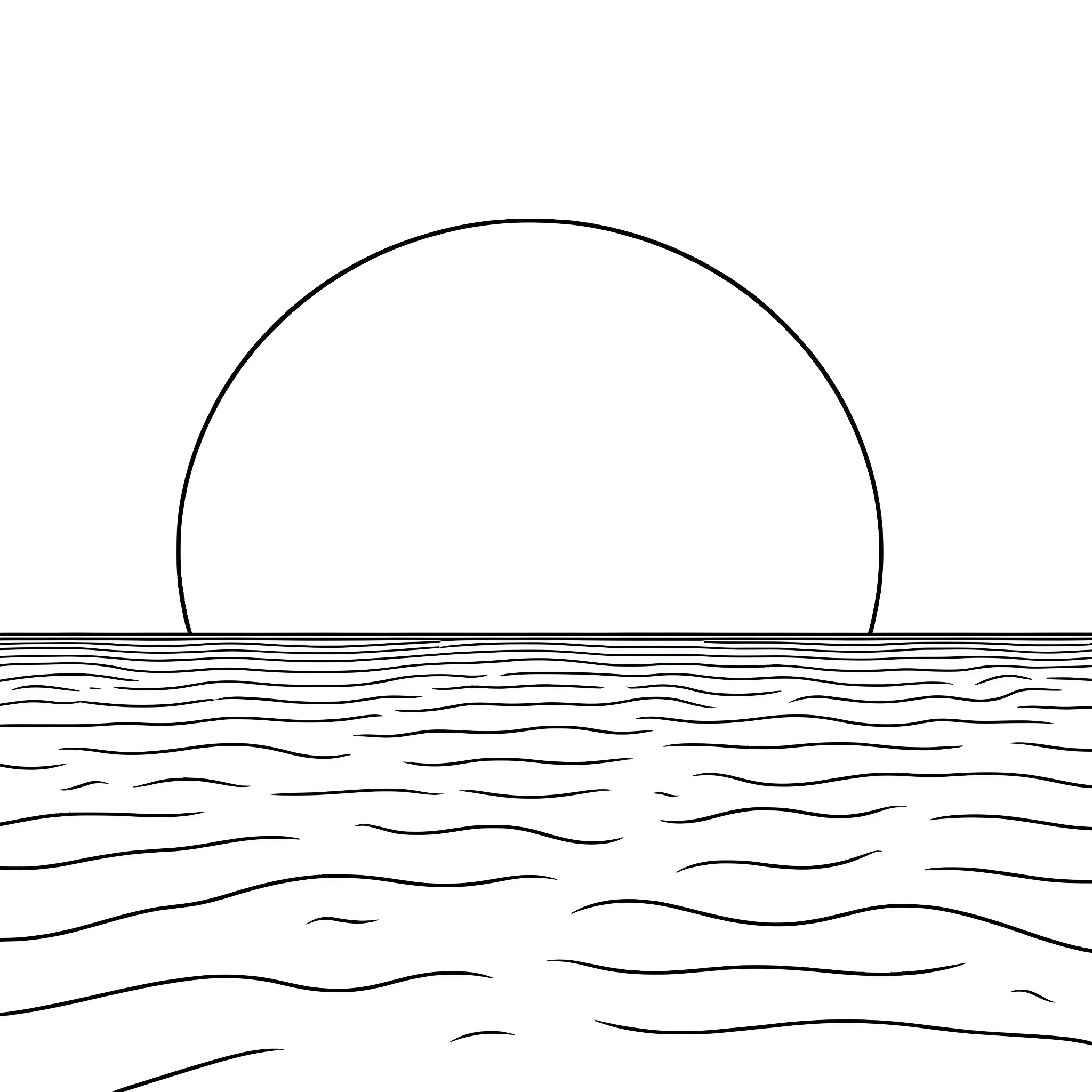 Equinox Sunset Over Serene Ocean Waves Coloring Page (free black-and-white line drawing printable PDF for all, from beginners to advanced learners, including children, teens, adults, and seniors)
