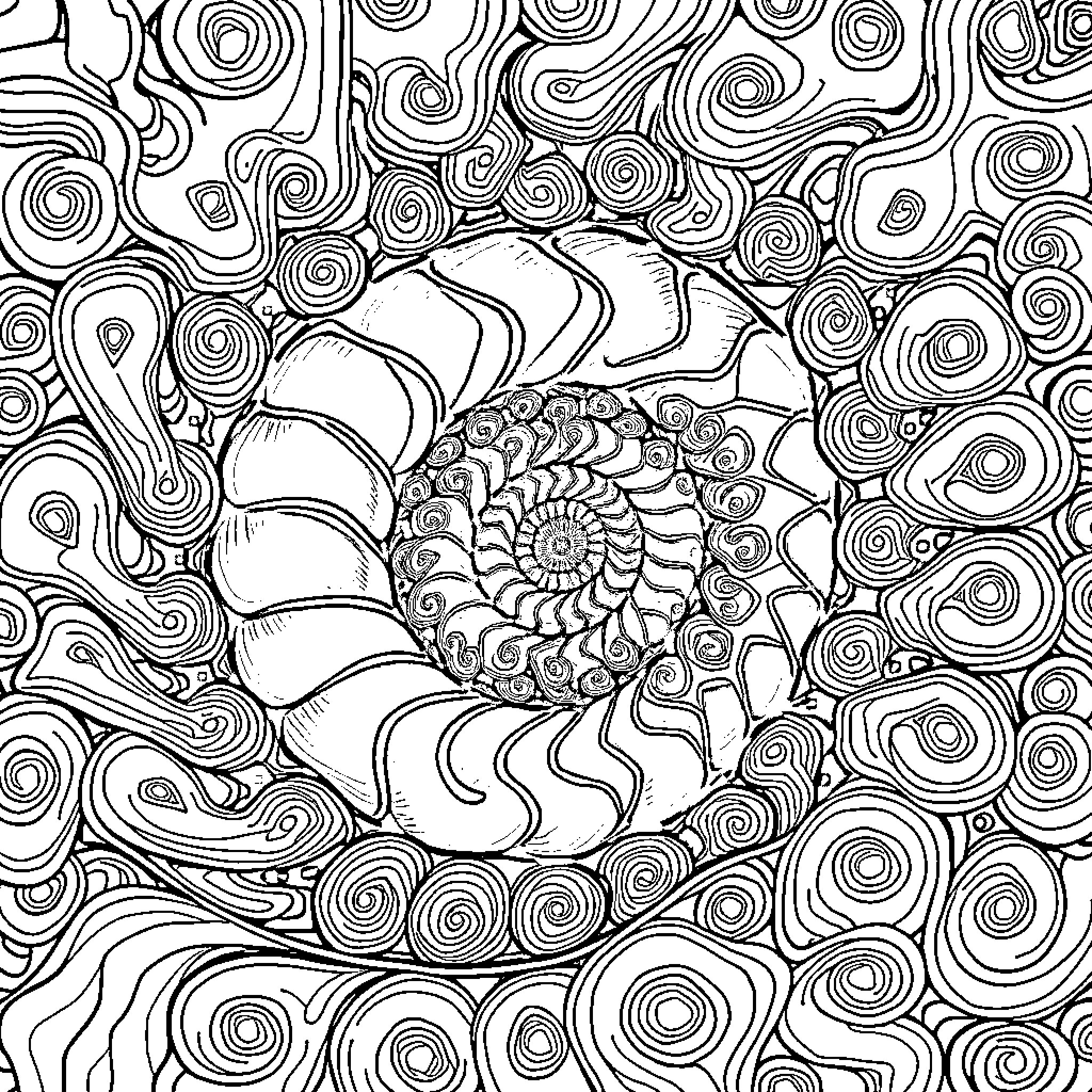 Nautilus shell in a swirling abstract pattern Coloring Page (free black-and-white line drawing printable PDF for all, from beginners to advanced learners, including children, teens, adults, and seniors)