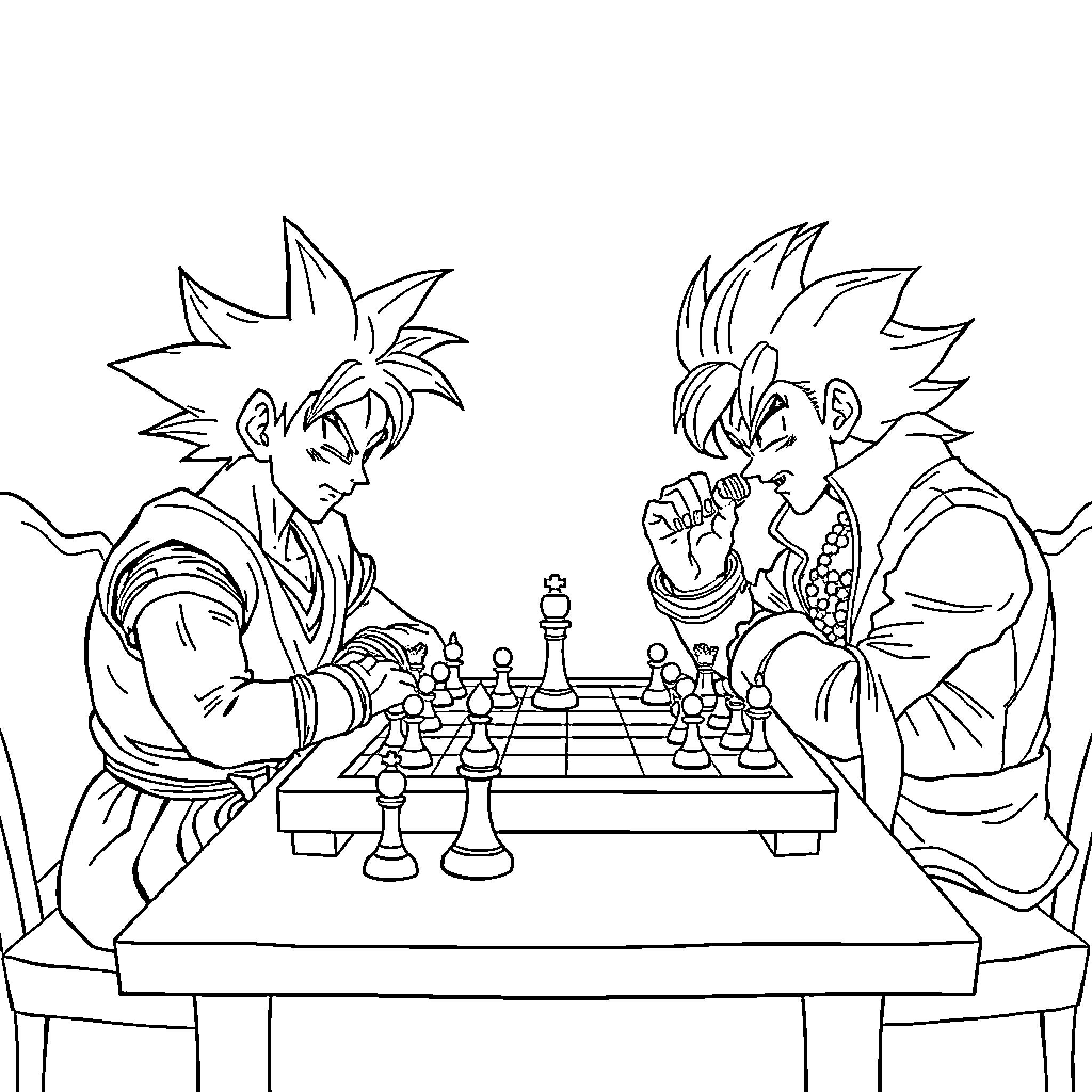 Goku and Vegeta playing chess intensely Coloring Page (free black-and-white line drawing printable PDF for all, from beginners to advanced learners, including children, teens, adults, and seniors)