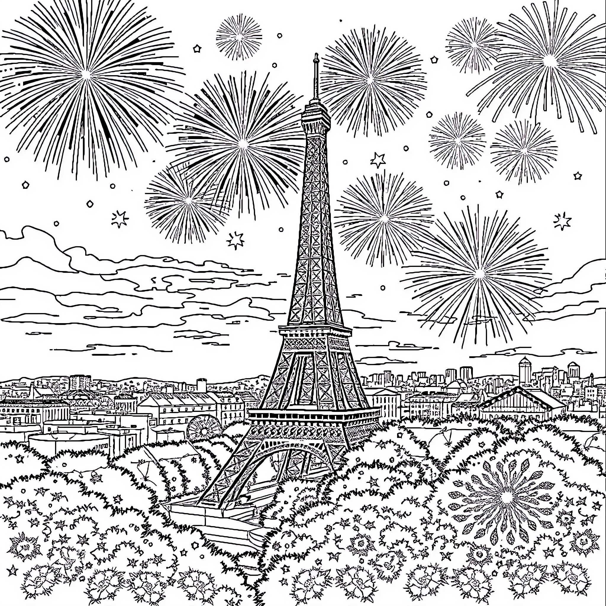 Eiffel Tower Fireworks Celebration over Paris Skyline Coloring Page (free black-and-white line drawing printable PDF for all, from beginners to advanced learners, including children, teens, adults, and seniors)