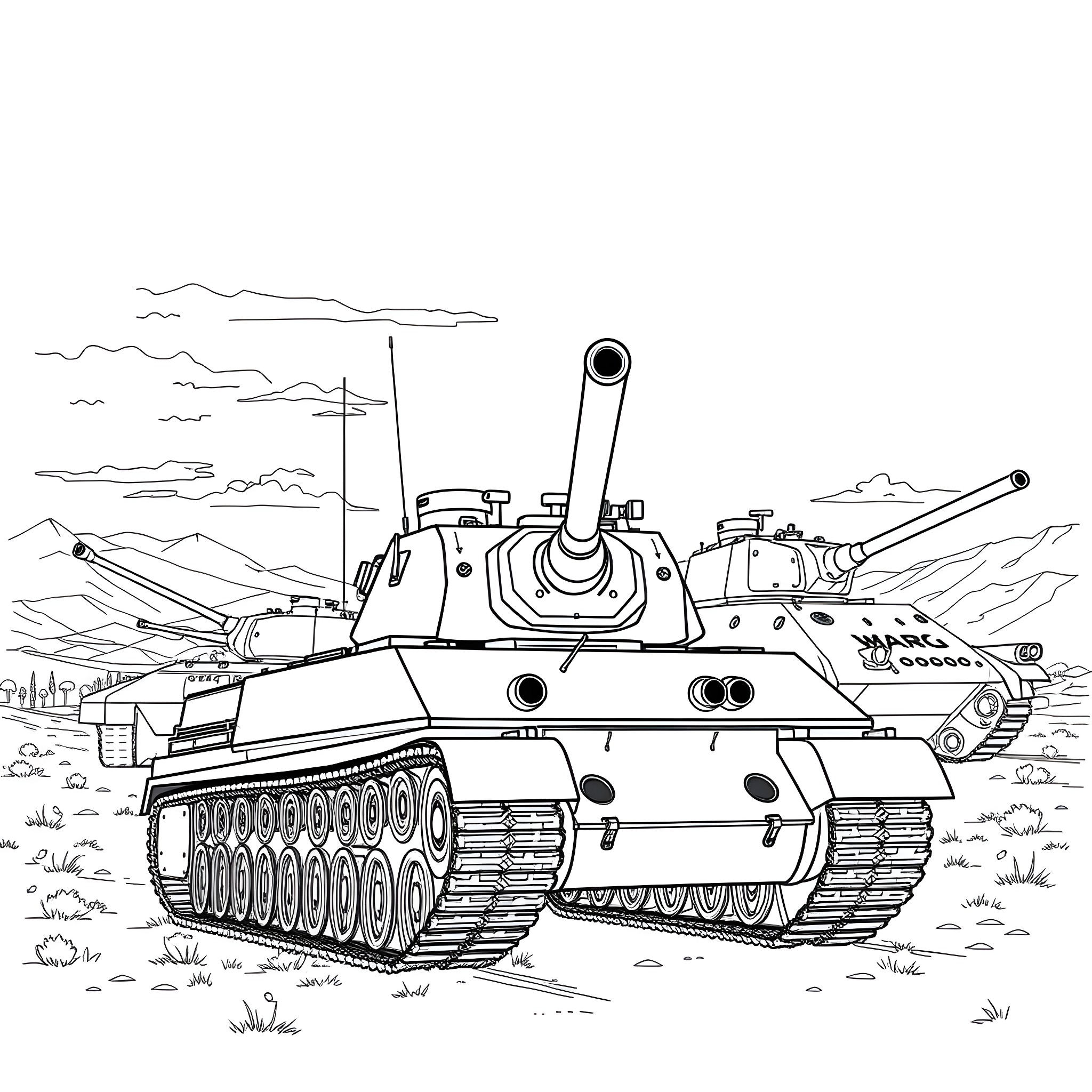 Tank Navigating the Battlefield Coloring Page (free black-and-white line drawing printable PDF for all, from beginners to advanced learners, including children, teens, adults, and seniors)