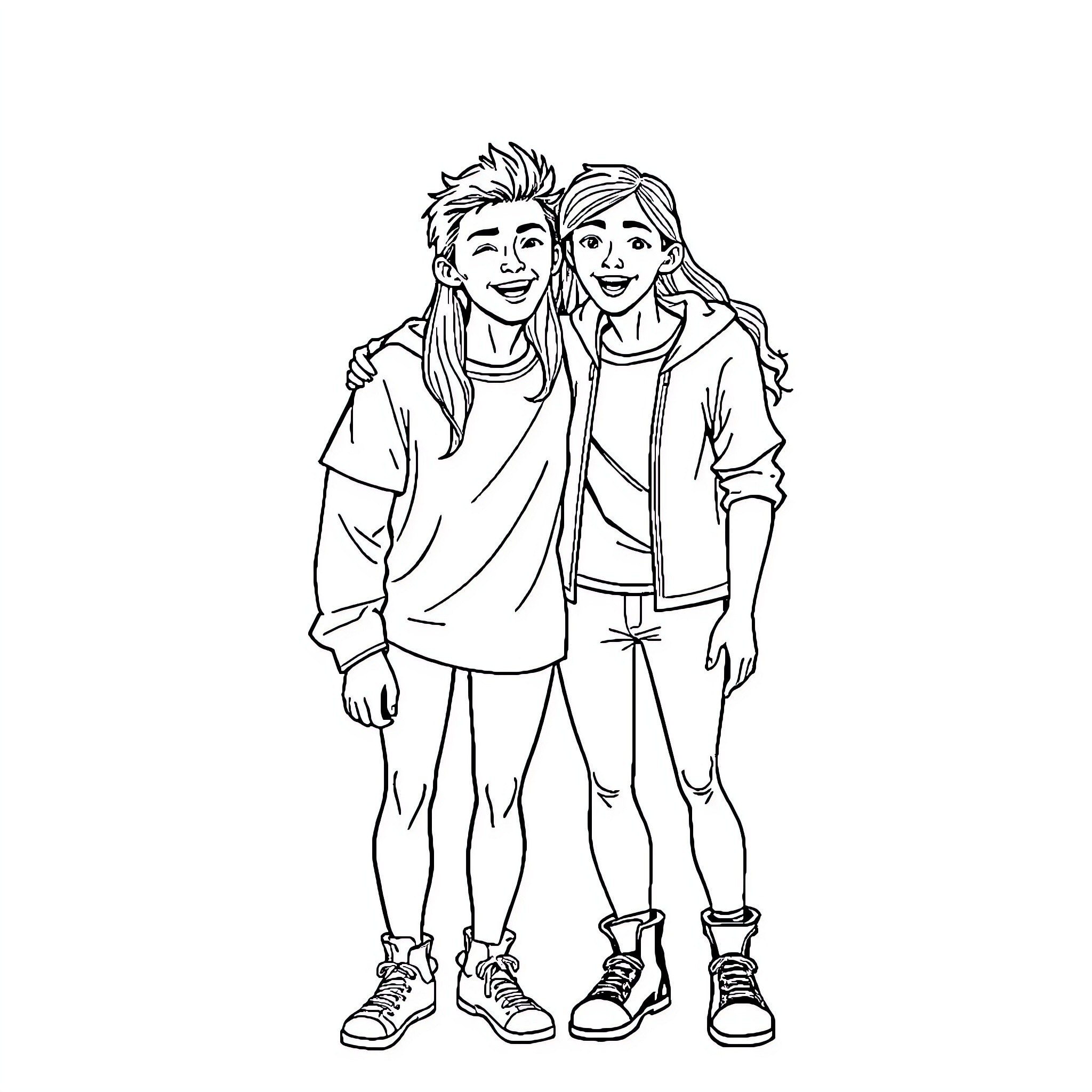 Body Swap - Two friends in casual outfits Coloring Page (free black-and-white line drawing printable PDF for all, from beginners to advanced learners, including children, teens, adults, and seniors)