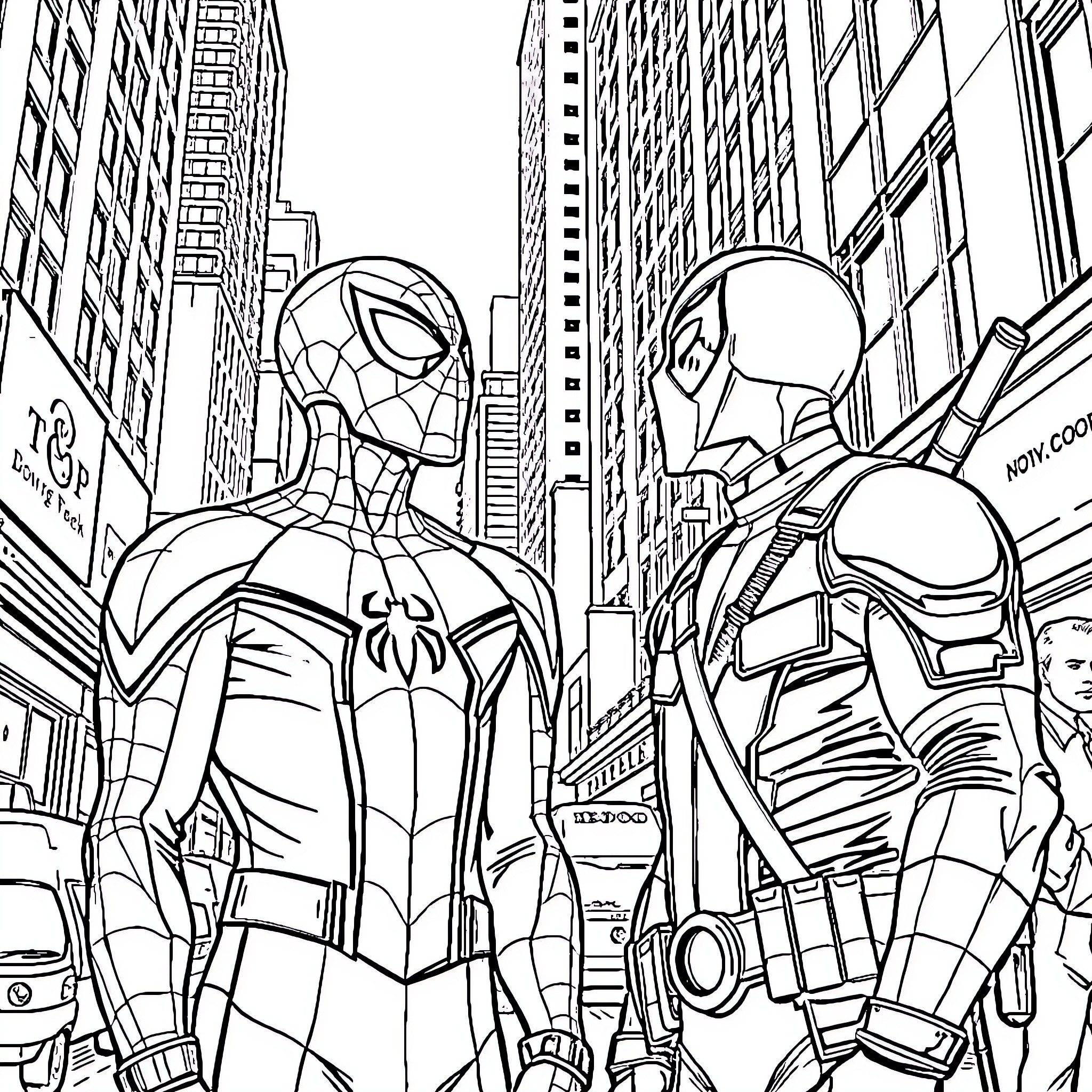 Spiderman and Iron Man in Action in the City Coloring Page (free black-and-white line drawing printable PDF for all, from beginners to advanced learners, including children, teens, adults, and seniors)
