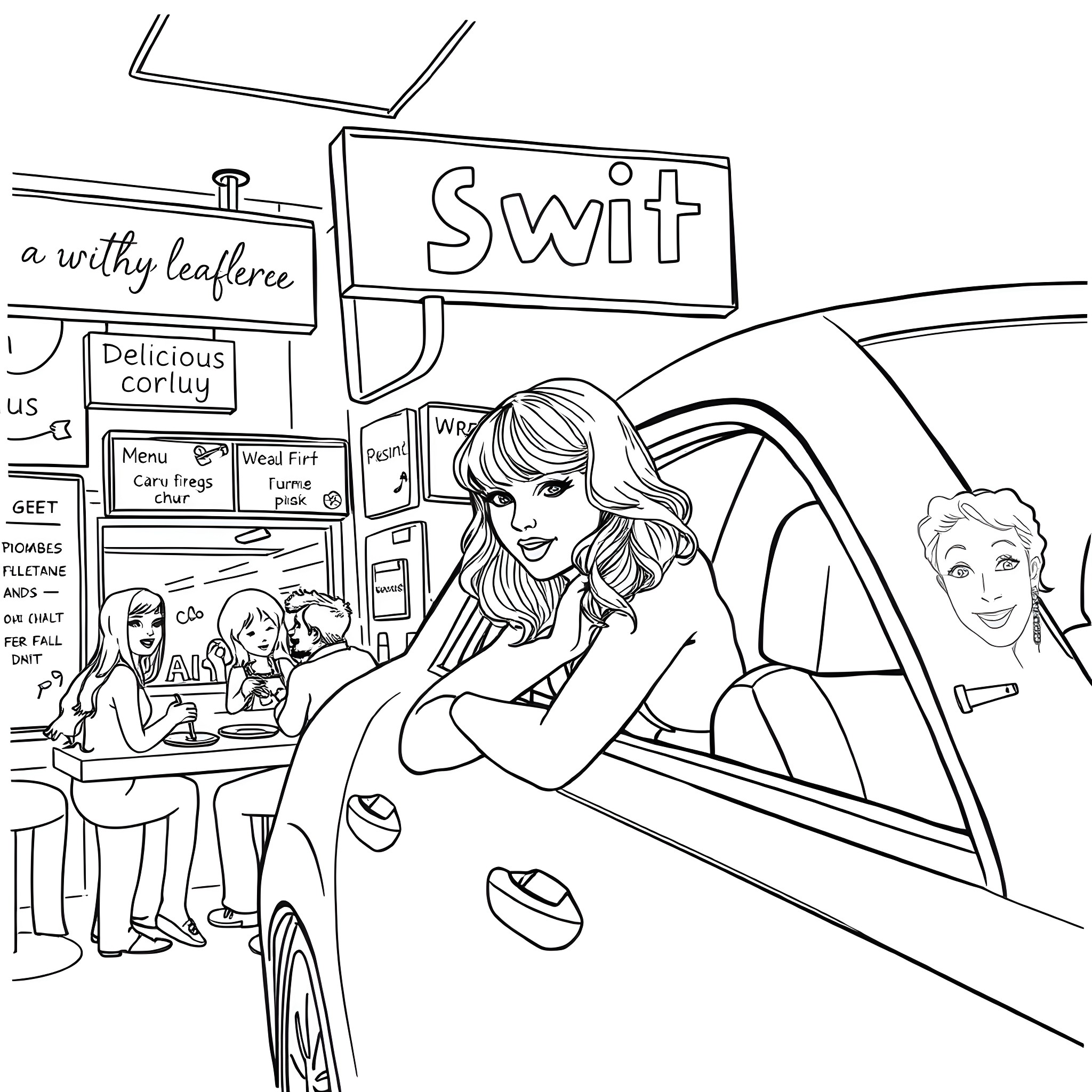 Taylor Swift enjoying a carefree day at a fast-food restaurant Coloring Page (free black-and-white line drawing printable PDF for all, from beginners to advanced learners, including children, teens, adults, and seniors)