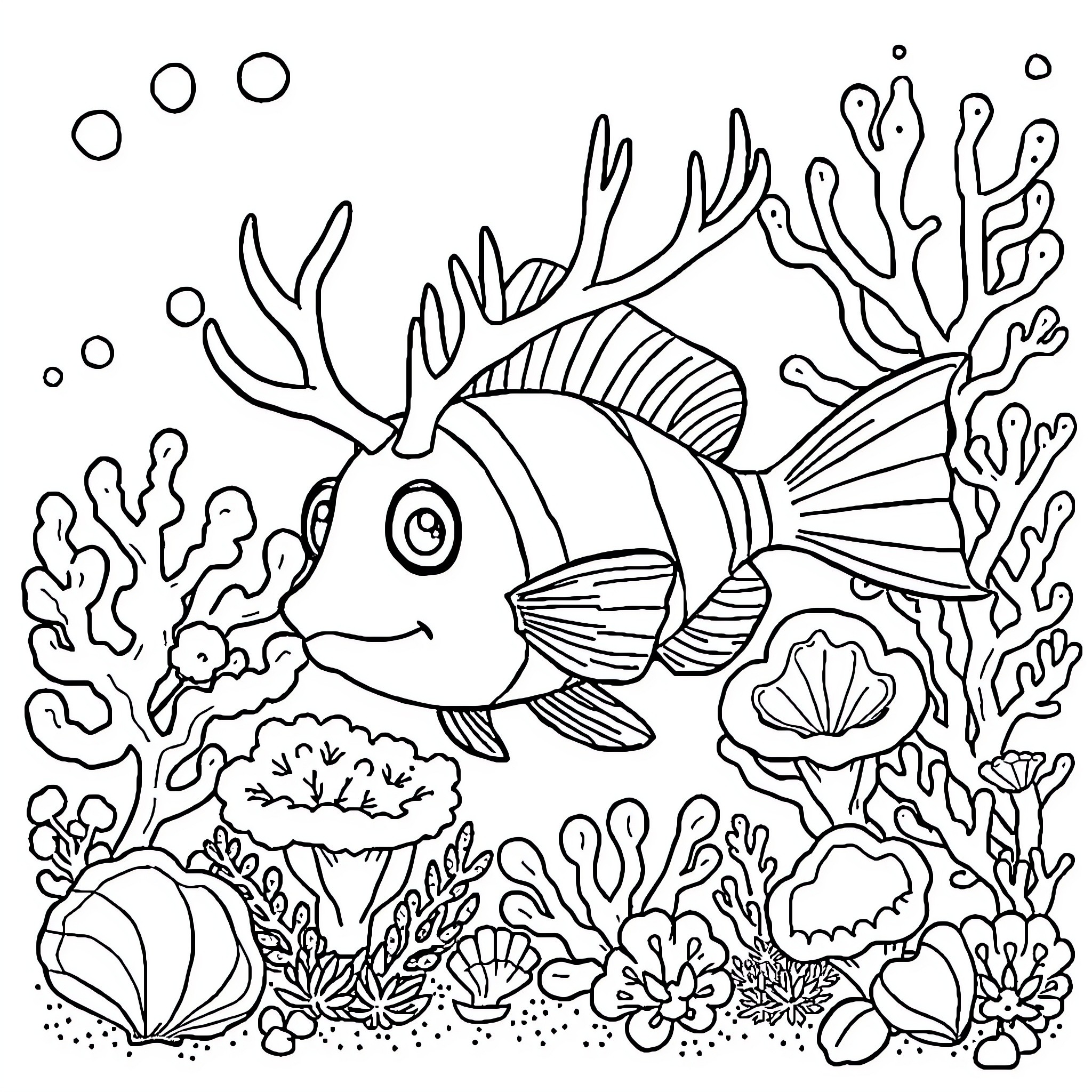 Antlerfish swimming amongst coral and seashells Coloring Page (free black-and-white line drawing printable PDF for all, from beginners to advanced learners, including children, teens, adults, and seniors)
