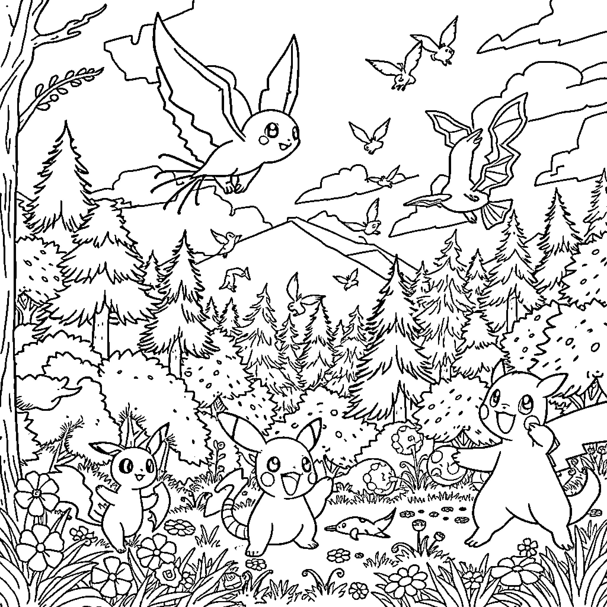Pokémon characters exploring a magical forest landscape Coloring Page (free black-and-white line drawing printable PDF for all, from beginners to advanced learners, including children, teens, adults, and seniors)
