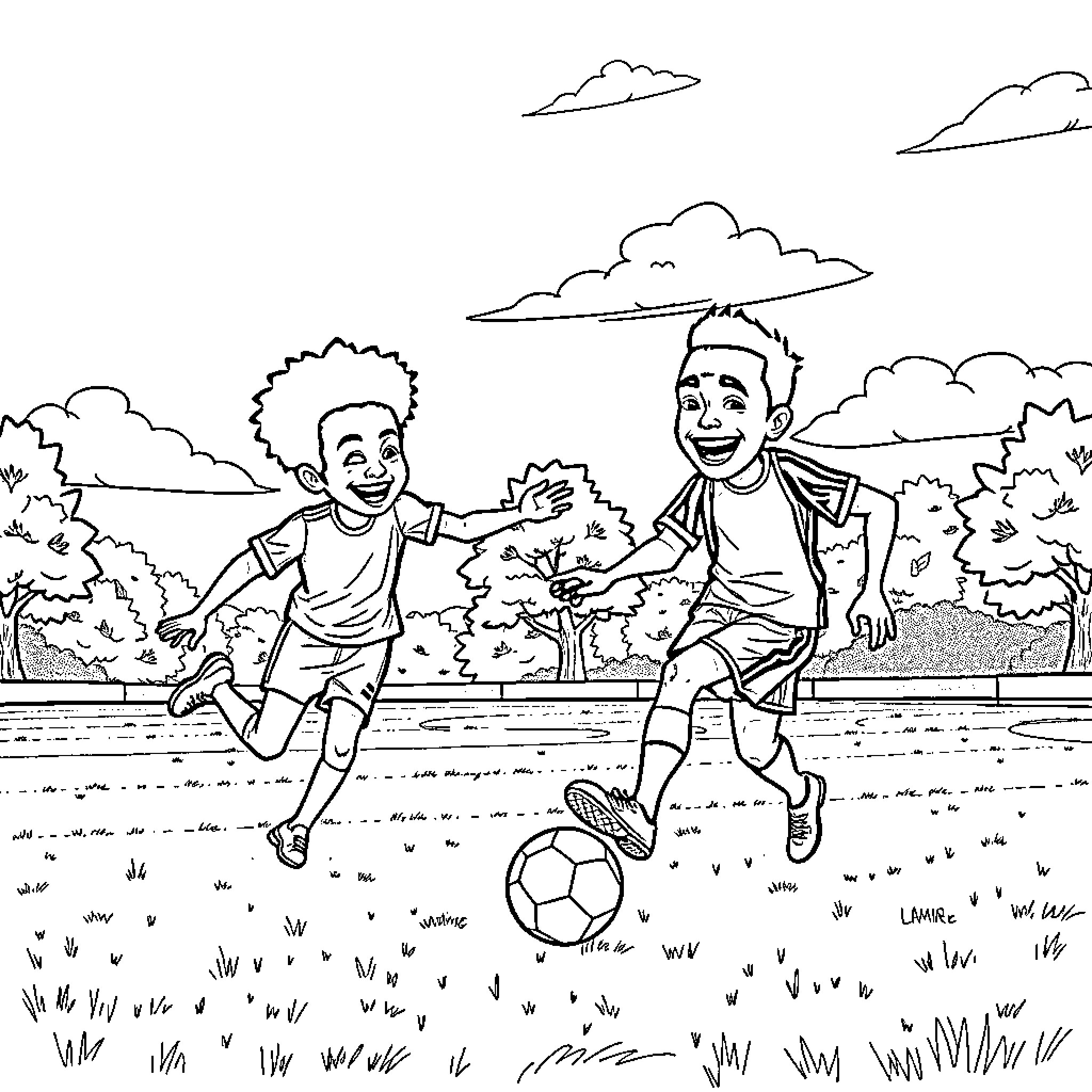 Football game with friends in the park Coloring Page (free black-and-white line drawing printable PDF for all, from beginners to advanced learners, including children, teens, adults, and seniors)
