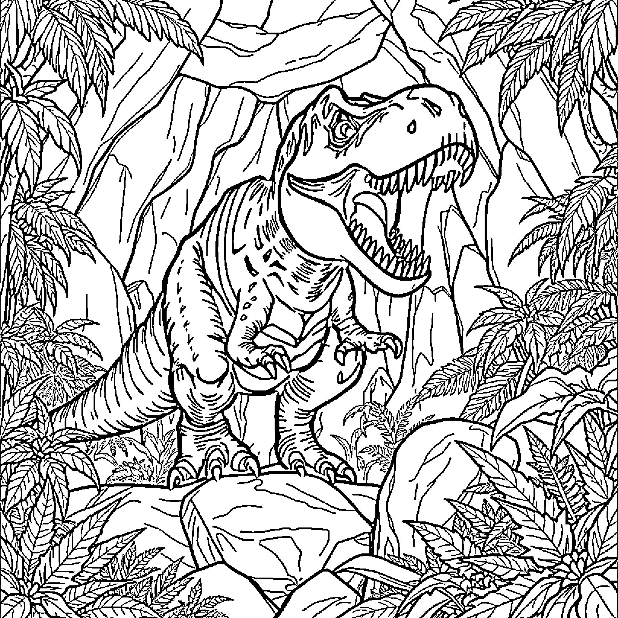 Indominus Tyrannical Dinosaur in Lush Prehistoric Jungle Coloring Page (free black-and-white line drawing printable PDF for all, from beginners to advanced learners, including children, teens, adults, and seniors)