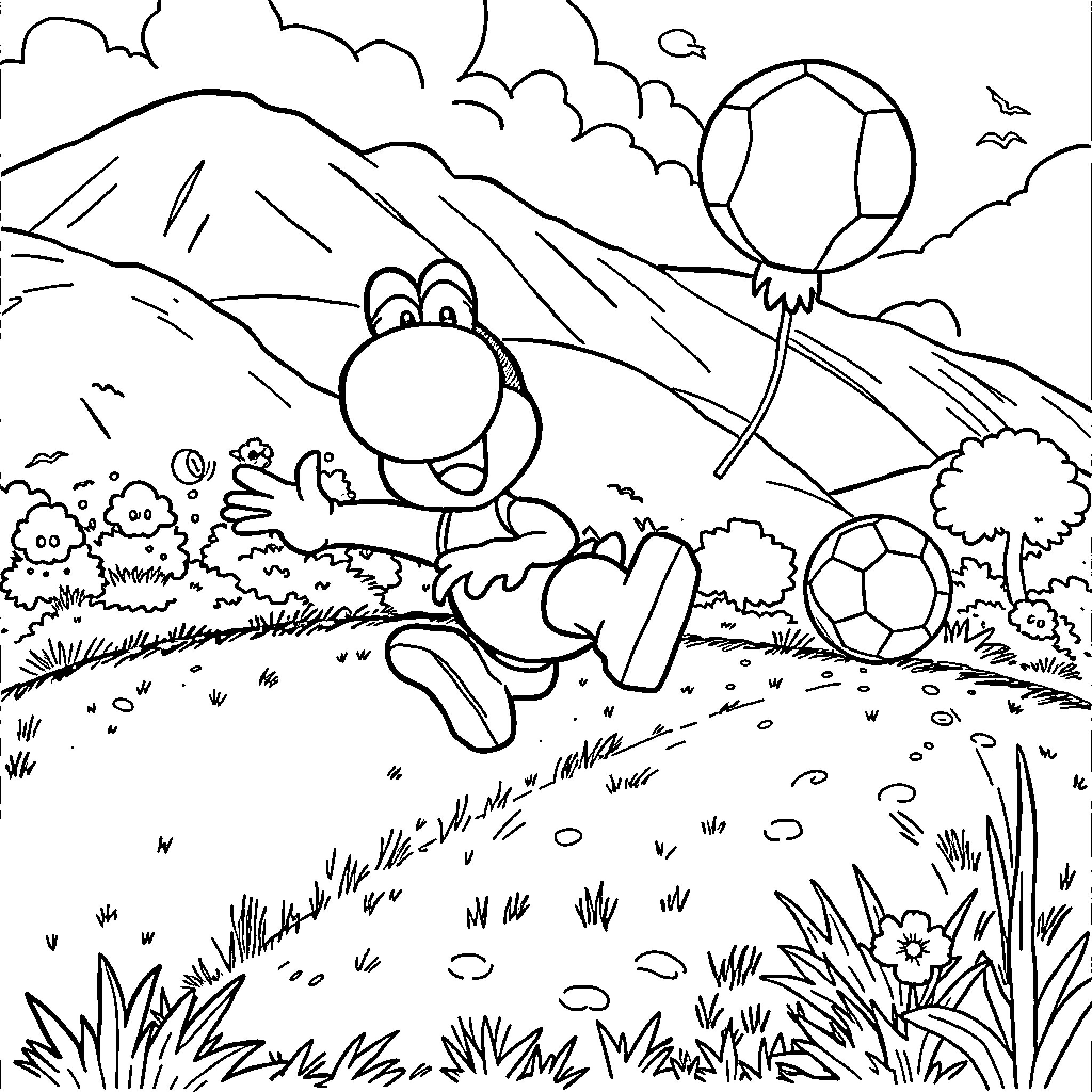 Yoshi playing with soccer balls in a scenic landscape Coloring Page (free black-and-white line drawing printable PDF for all, from beginners to advanced learners, including children, teens, adults, and seniors)