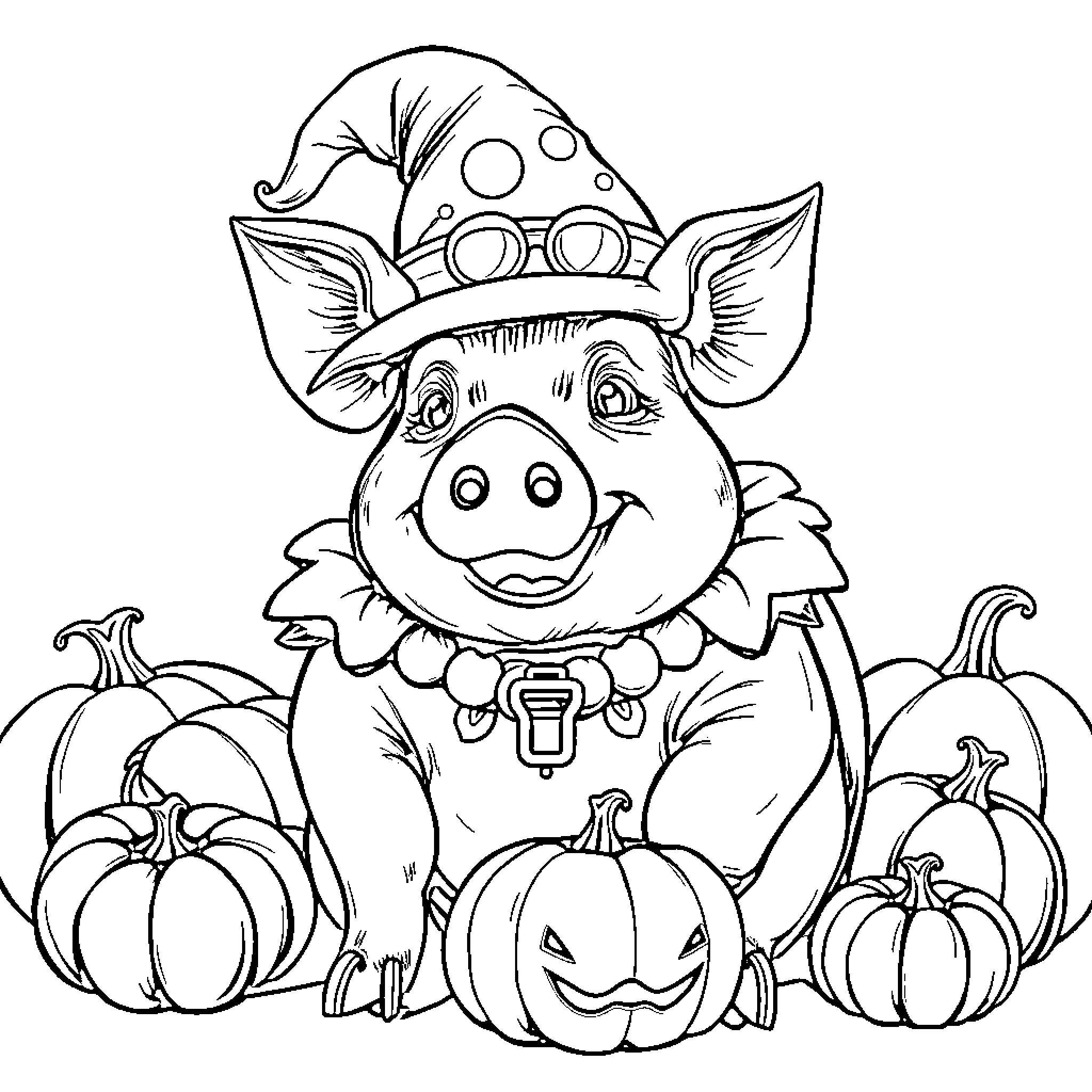 Pig in Halloween costume surrounded by pumpkins Coloring Page (free black-and-white line drawing printable PDF for all, from beginners to advanced learners, including children, teens, adults, and seniors)