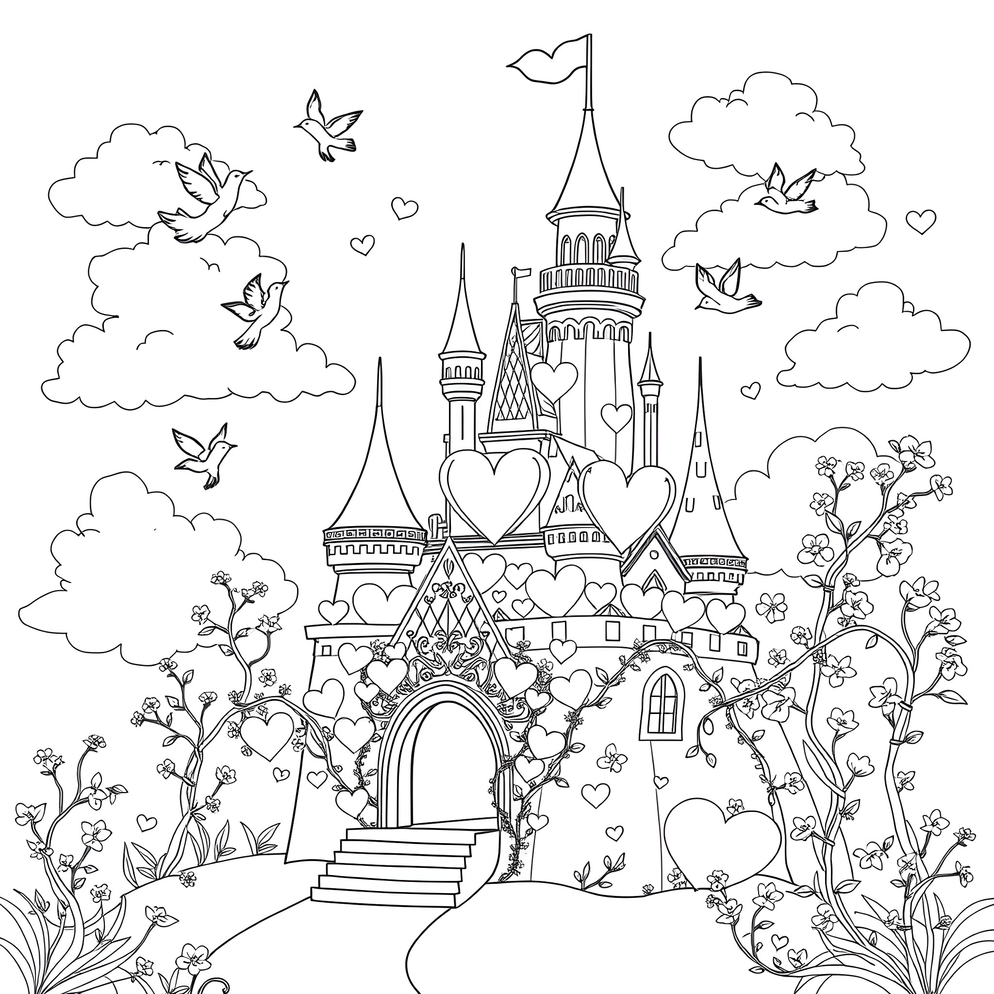 Castle with Hearts and Butterflies in a Whimsical Scene Coloring Page (free black-and-white line drawing printable PDF for all, from beginners to advanced learners, including children, teens, adults, and seniors)