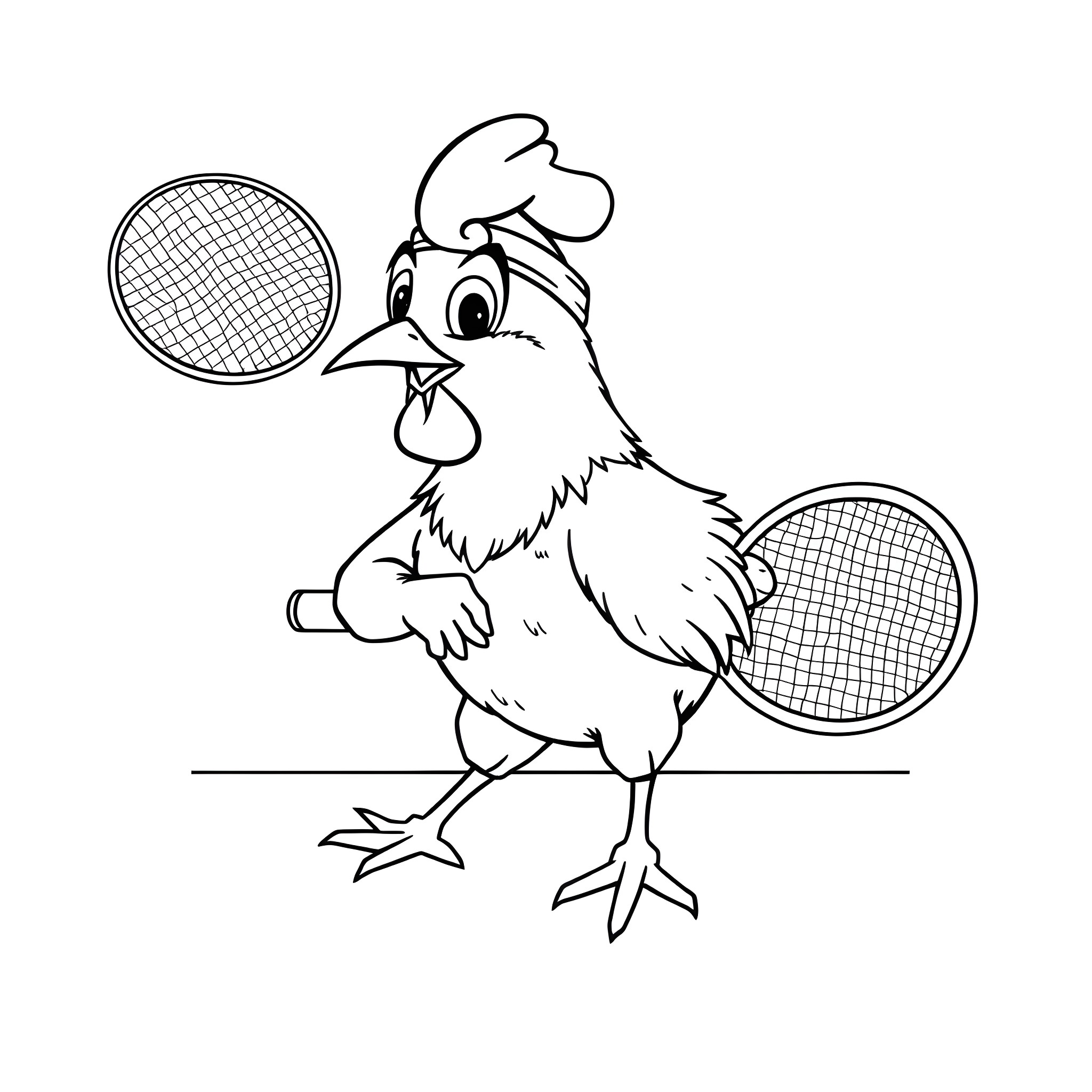 Chicken playing with tennis rackets Coloring Page (free black-and-white line drawing printable PDF for all, from beginners to advanced learners, including children, teens, adults, and seniors)