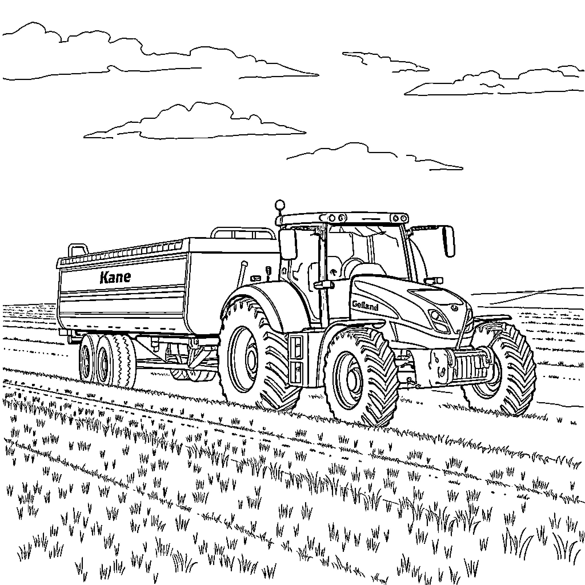 Tractor hauling equipment through rural landscape Coloring Page (free black-and-white line drawing printable PDF for all, from beginners to advanced learners, including children, teens, adults, and seniors)