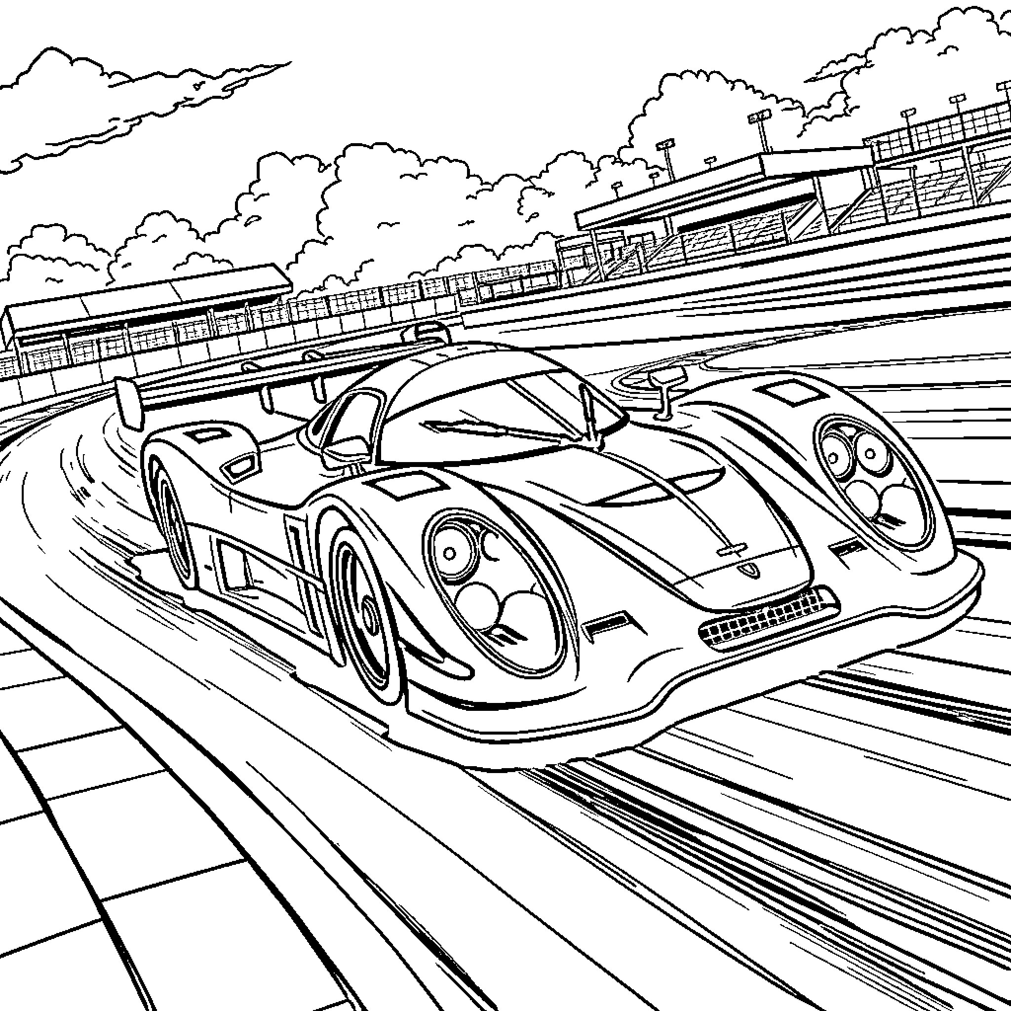 Race Car Speeding on a Race Track Coloring Page (free black-and-white line drawing printable PDF for all, from beginners to advanced learners, including children, teens, adults, and seniors)