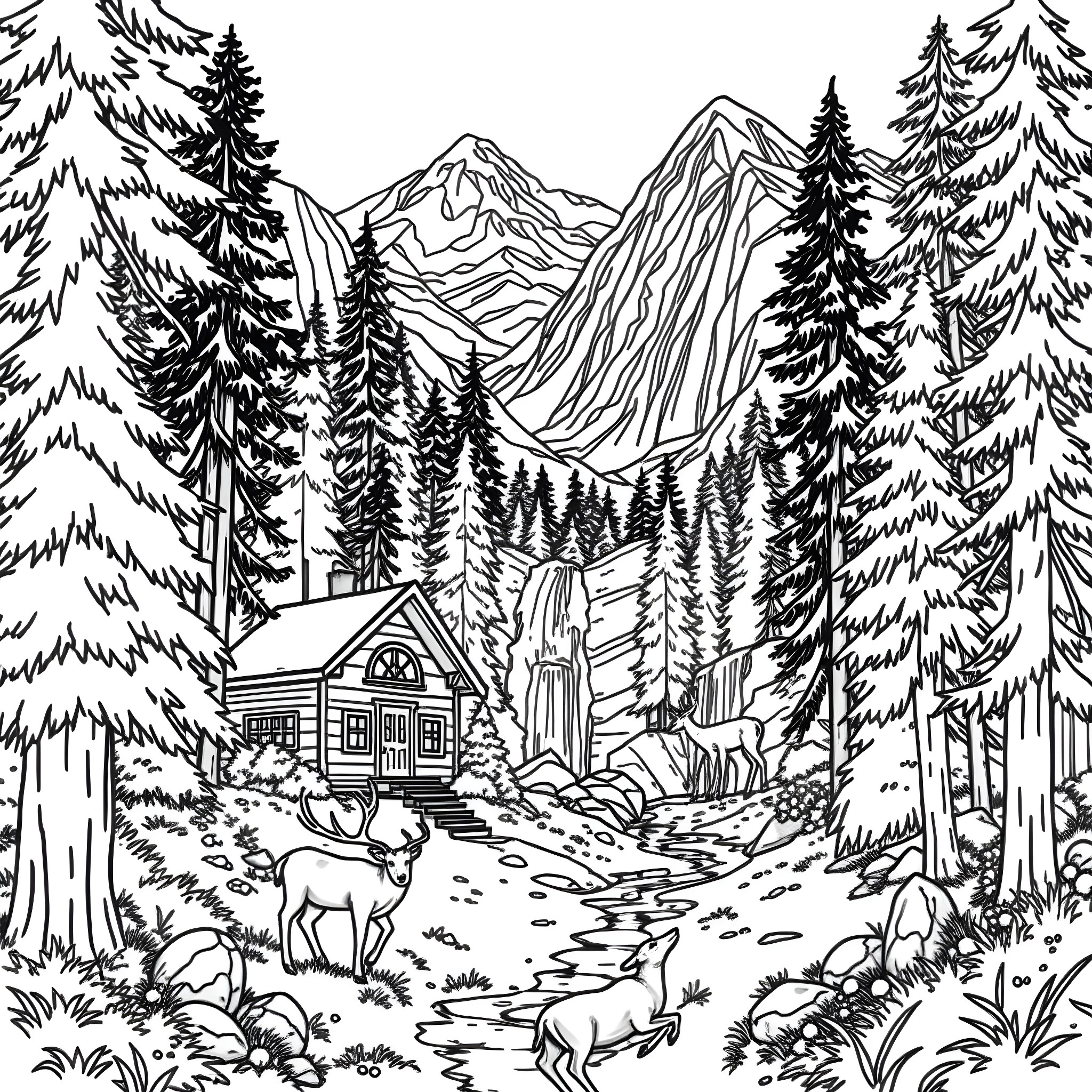 Cabin in the Peaceful Mountain Wilderness Coloring Page (free black-and-white line drawing printable PDF for all, from beginners to advanced learners, including children, teens, adults, and seniors)