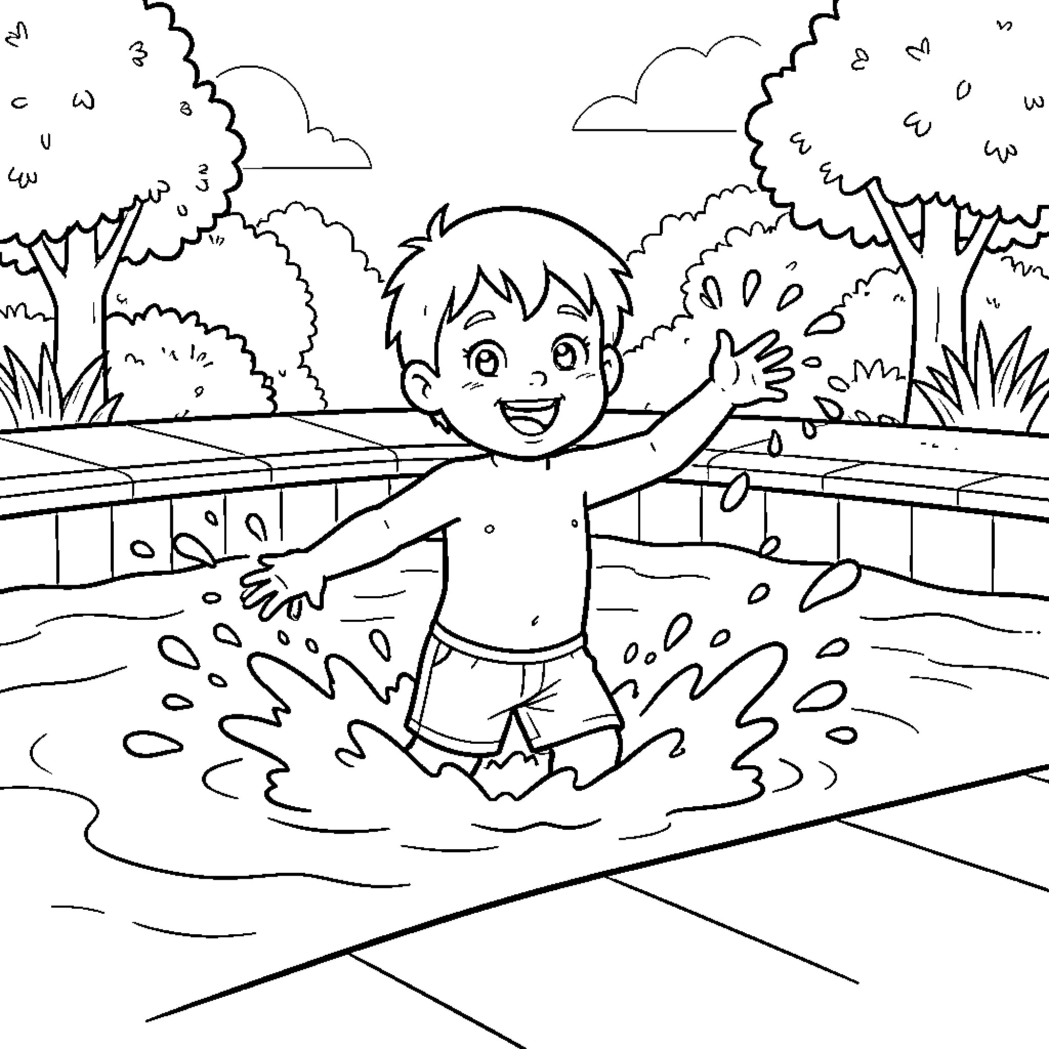 Child splashing happily in a swimming pool Coloring Page (free black-and-white line drawing printable PDF for all, from beginners to advanced learners, including children, teens, adults, and seniors)
