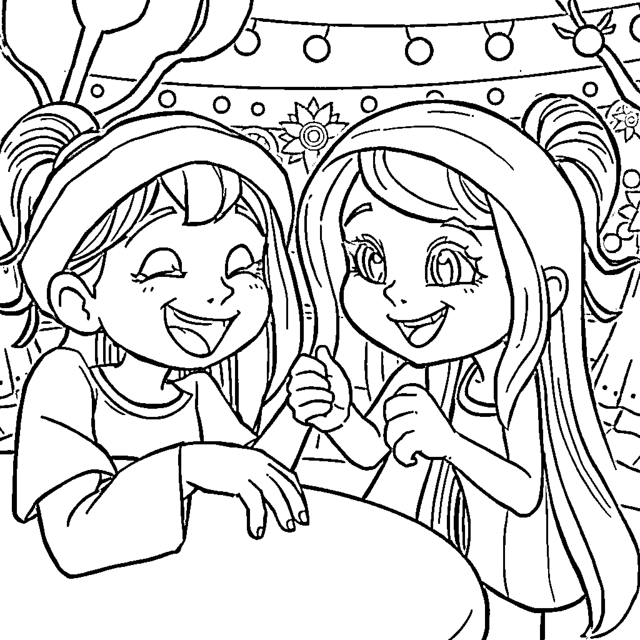 Cartoon Characters Celebrating and Smiling Joyfully Coloring Page (free black-and-white line drawing printable PDF for all, from beginners to advanced learners, including children, teens, adults, and seniors)