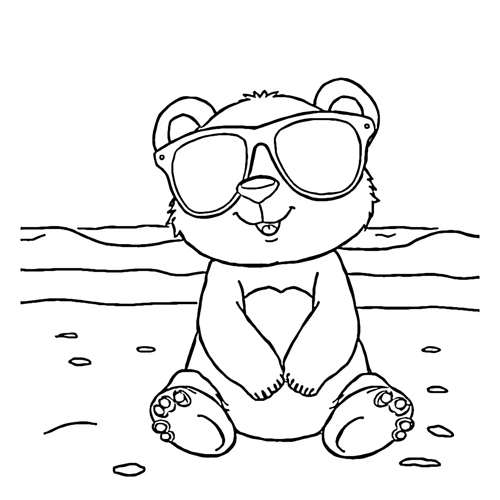 Panda wearing sunglasses and sitting on the beach Coloring Page (free black-and-white line drawing printable PDF for all, from beginners to advanced learners, including children, teens, adults, and seniors)
