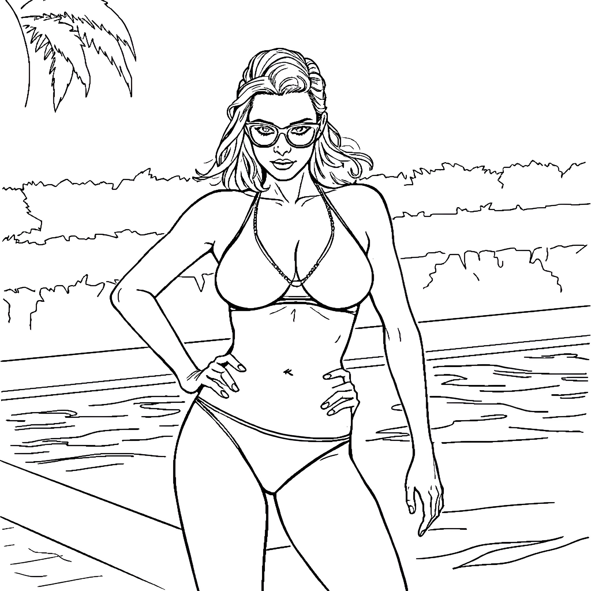 Speedo-clad Woman Enjoying Beach Scene Coloring Page (free black-and-white line drawing printable PDF for all, from beginners to advanced learners, including children, teens, adults, and seniors)