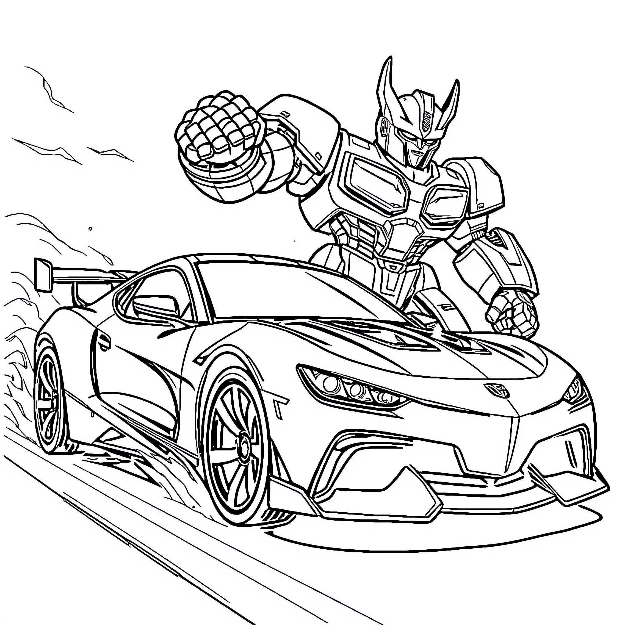 Hot Wheels sports car racing against robotic adversary Coloring Page (free black-and-white line drawing printable PDF for all, from beginners to advanced learners, including children, teens, adults, and seniors)