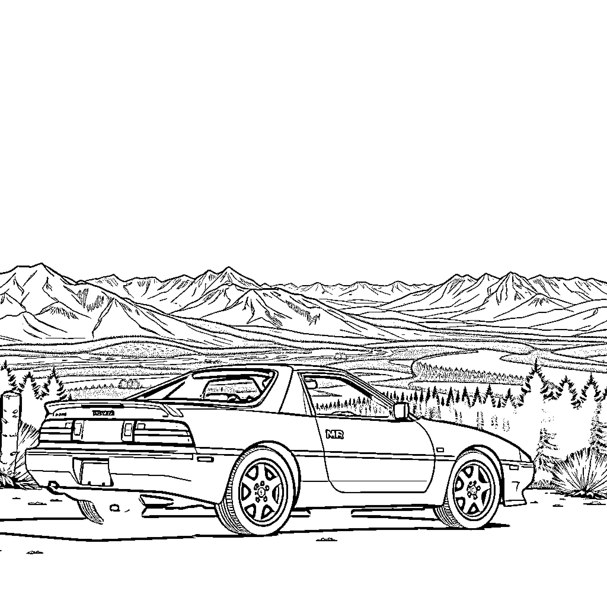 Toyota MR2 sports car in a snowy mountain landscape Coloring Page (free black-and-white line drawing printable PDF for all, from beginners to advanced learners, including children, teens, adults, and seniors)