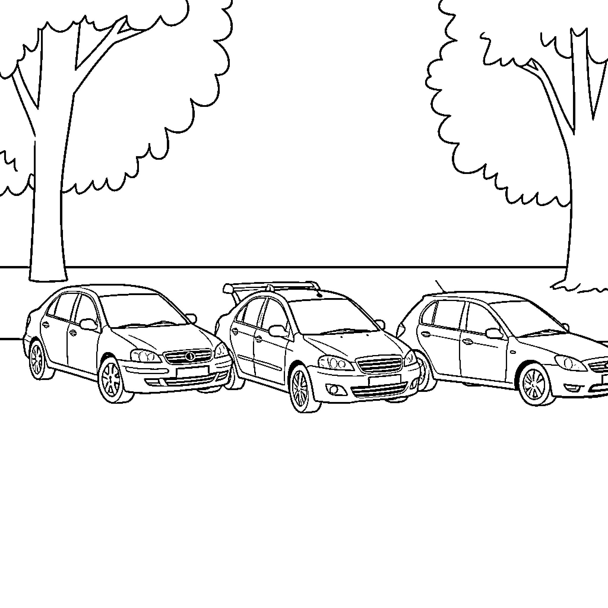 Car parked in a row under large trees Coloring Page (free black-and-white line drawing printable PDF for all, from beginners to advanced learners, including children, teens, adults, and seniors)